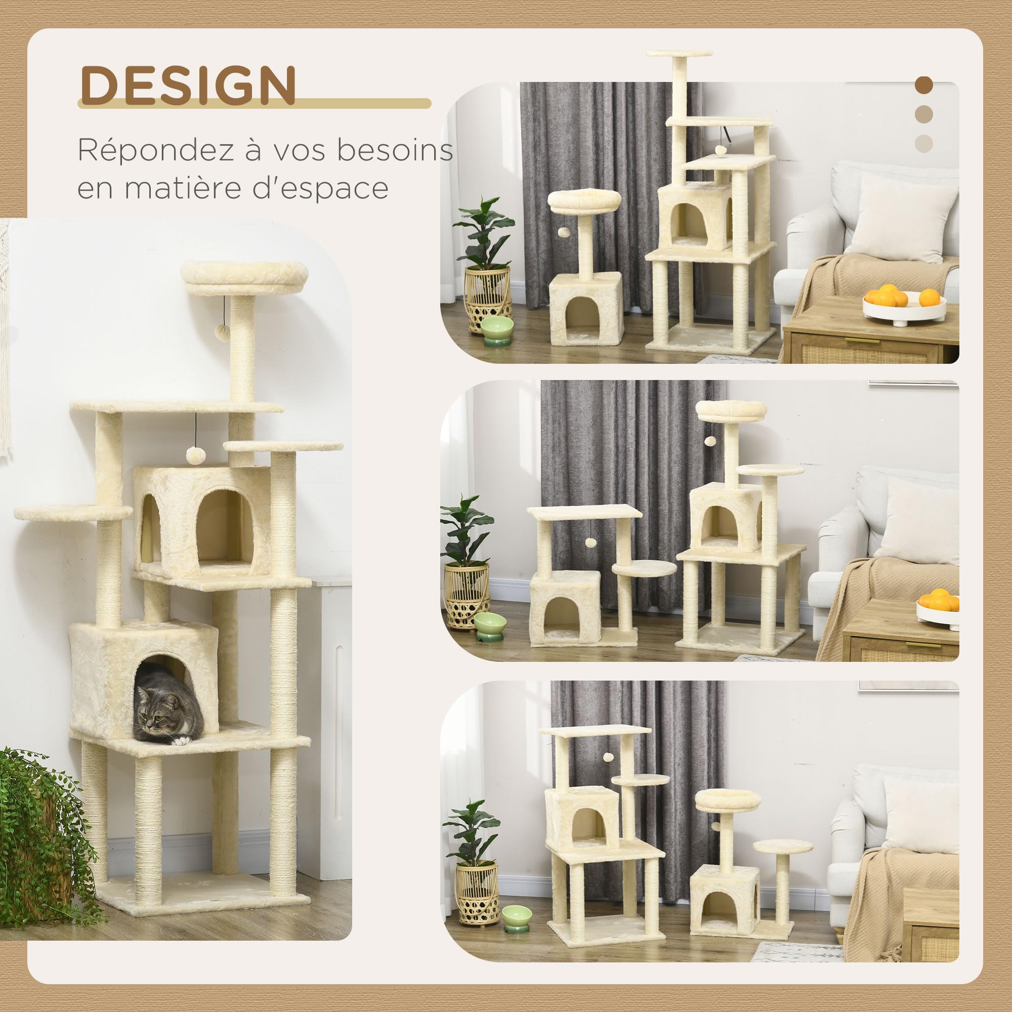 PawHut Albero per gatti albero di arrampicata albero tiragraffi torre gioco altezza 171 cm centro attività con 2 nicchie 6 piattaforme 2 pompons appesi beige