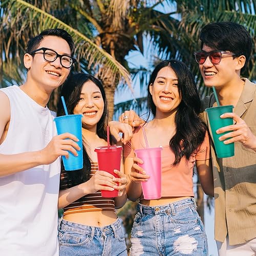 Miniatura 6 de Honeydak Paquete de 60 vasos con popote y tapa, botella de agua a granel, taza de viaje para café helado, vasos de plástico reutilizables para