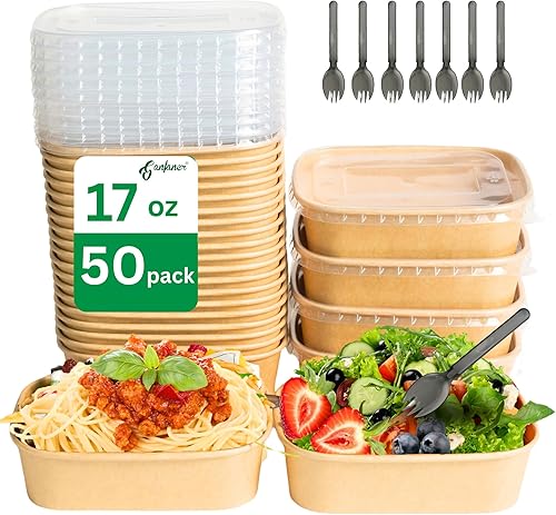 Miniatura 12 de Cuencos desechables de 25 onzas, 50 juegos de cuencos grandes de papel cuadrado de estraza, contenedor de alimentos desechable para preparación