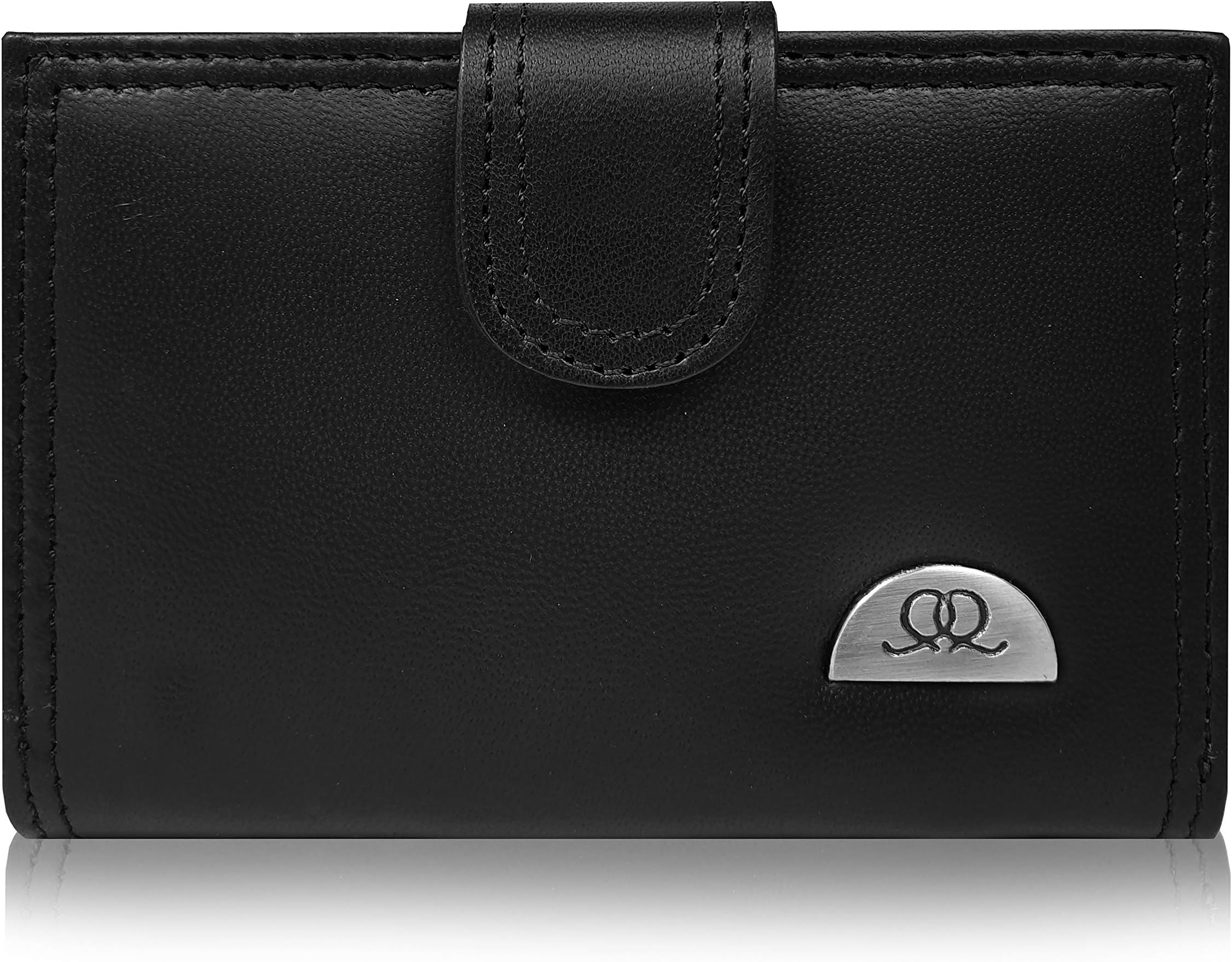 Quenchy LondonSmall Black Leather Purse - RFID Blocking with Zipped Zip Around Coin Section - 10 Credit Card Slots Spaces - 12cm x2.5cm x9cm - QL116K (Black)