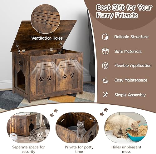 Miniatura 8 de Tangkula Caja de arena para gatos, armario grande para gatos con puertas dobles reversibles, caja de arena industrial cerrada para baño, baño oculto