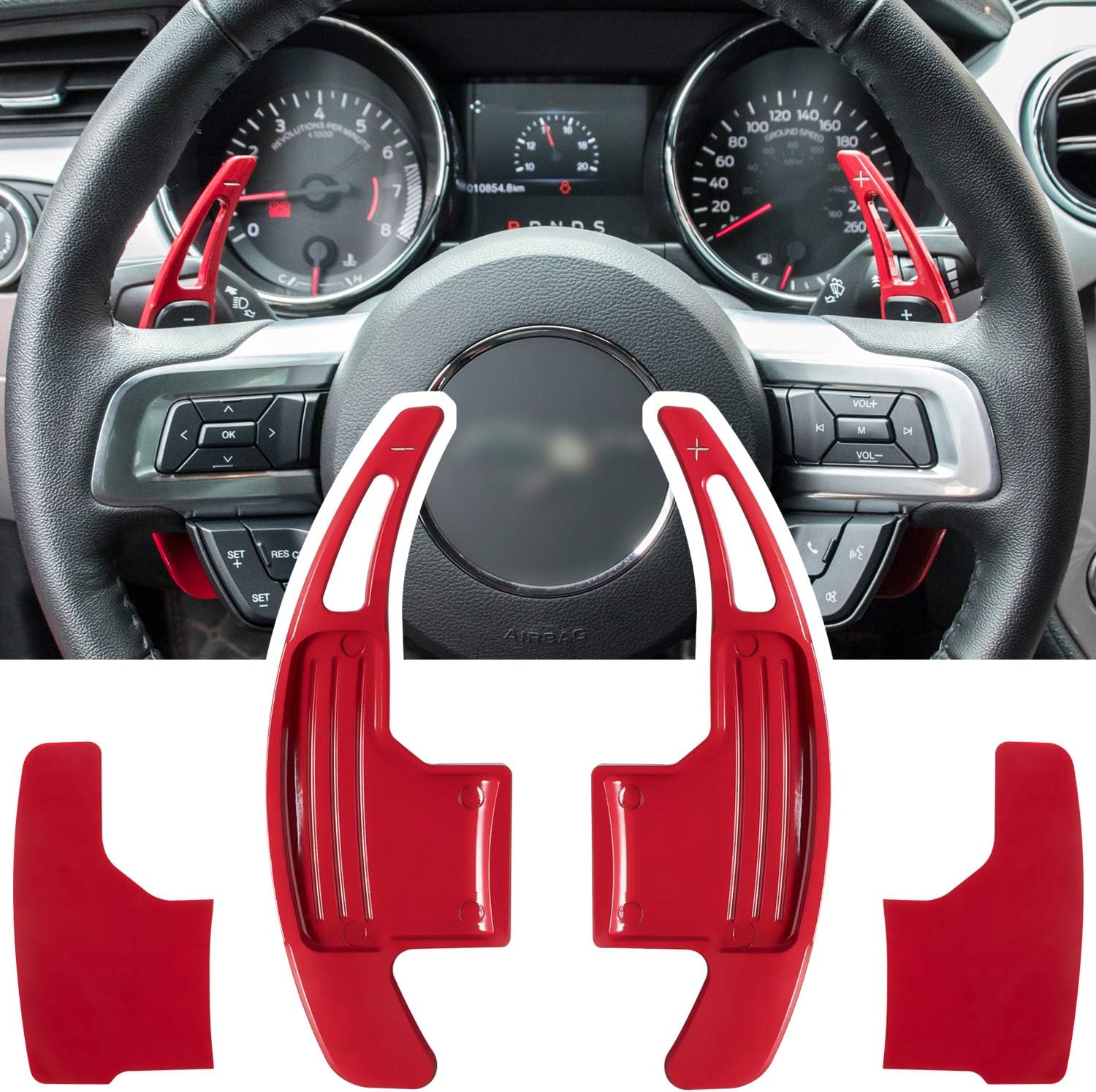 Steering Wheel Shift Paddle Extended Shifter Trim Cover for Ford Mustang 2015 2016 2017 2018 2019 2020 2021 Interior Decoration Accessories Aluminum Alloy (Red)