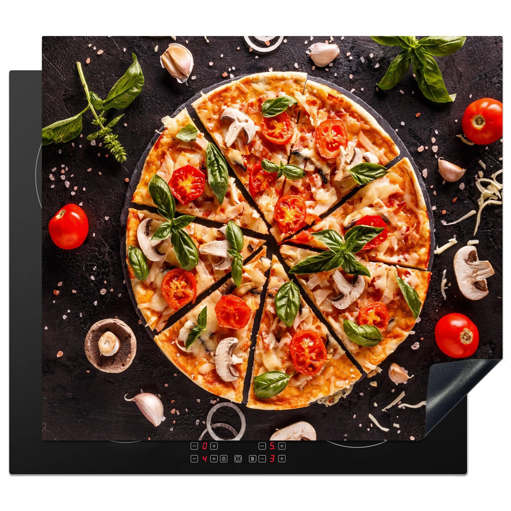 KitchenYeah© Herdabdeckplatte Einteilig Küche Herdabdeckung Induktionsfeld Ceranfeld Herdabdeckplatten Vinyl Matte Aufrollbar Pizza - Gemüse - Kräuter - Lebensmittel - Industrial - 60x52 cm