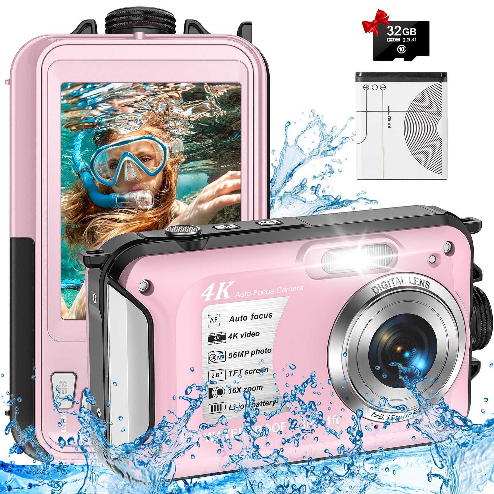 Appareil Photo Numérique Etanche Yixinxin 10FT étanche 4K vidéo 56MP Autofocus 16X Zoom Numérique pour la Plongée en Apnée avec Carte 32GB Rose Bonbon
