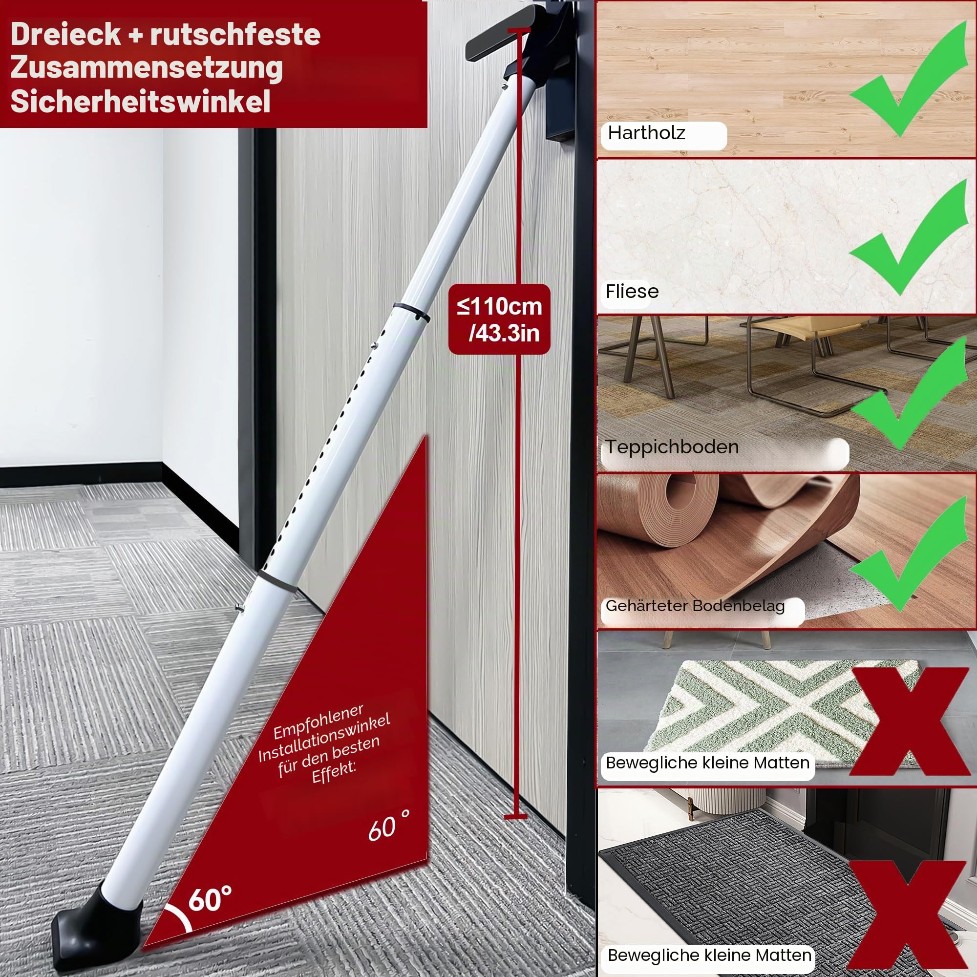 Tür Sicherheitsstange, Weiß 1-Pack Erweiterter Sicherheitsstange für Türen, Heavy Duty Türsicherung, Einstellbarer Balkontür Sicherung, Einbruchschutz Fenster, Tür Sicherheit für Zuhause, Wohnung