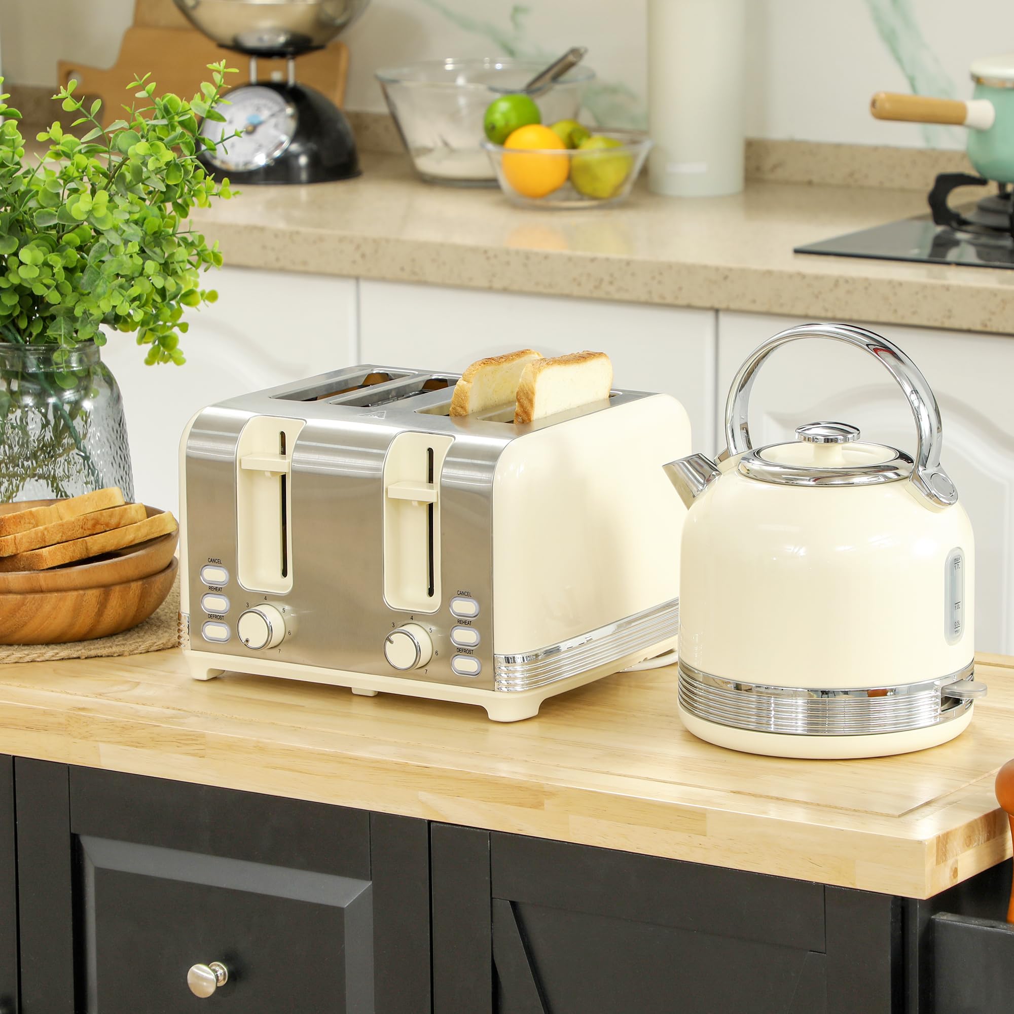 HOMCOM Juego de hervidor y tostadora de 2200 W, hervidor de acero inoxidable de 1,7 L con aislamiento y tostadora de 4 rebanadas, 7 niveles de dorado, descongelación, recalentamiento y bandeja
