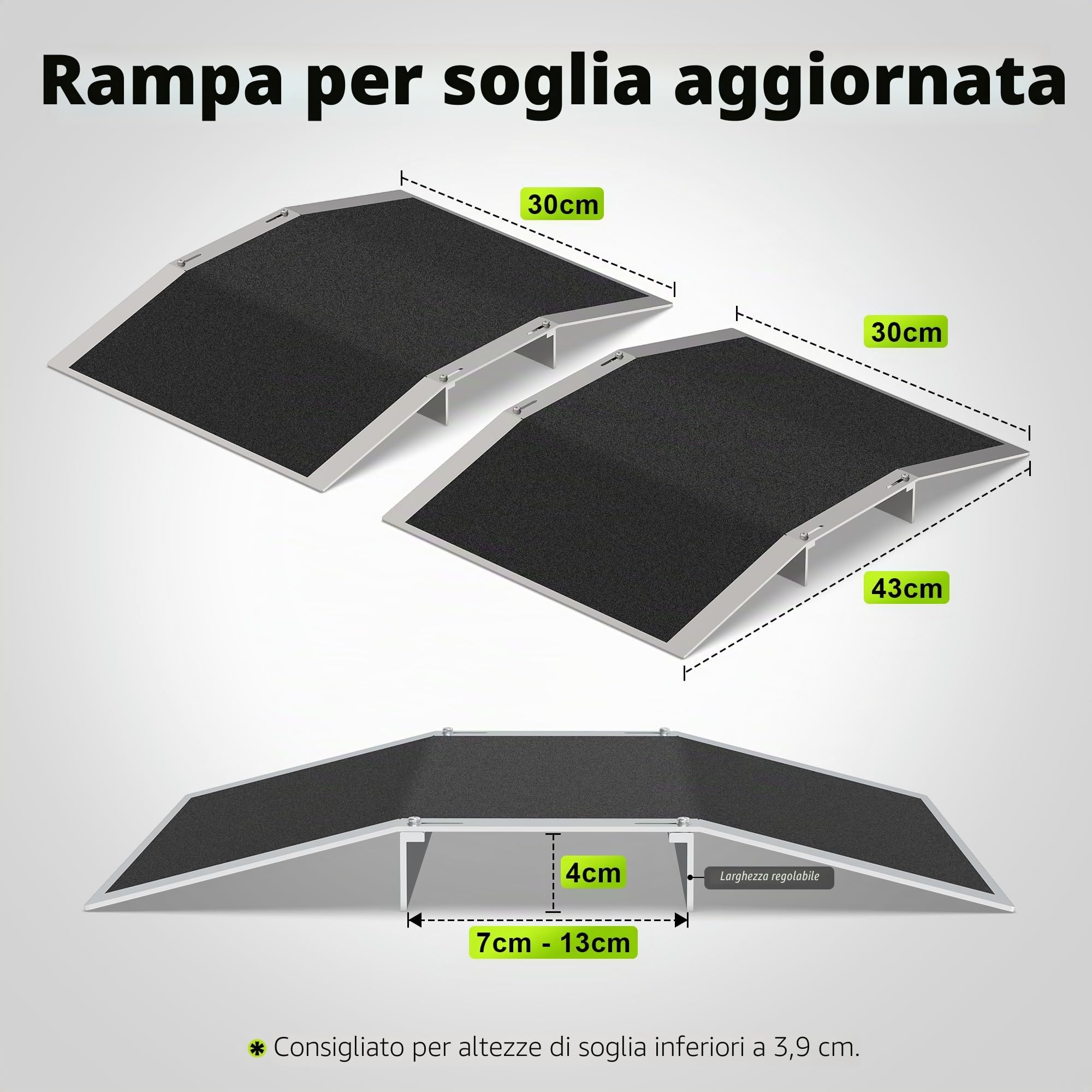 Confezione da 2 Rampe per Soglie di Porta - 30 cm × 4 cm - Rampa per Soglie Regolabile per Passaggi di Porte da 7-13 cm di Larghezza - Rampa per Sedie a Rotelle in Alluminio Antiscivolo per