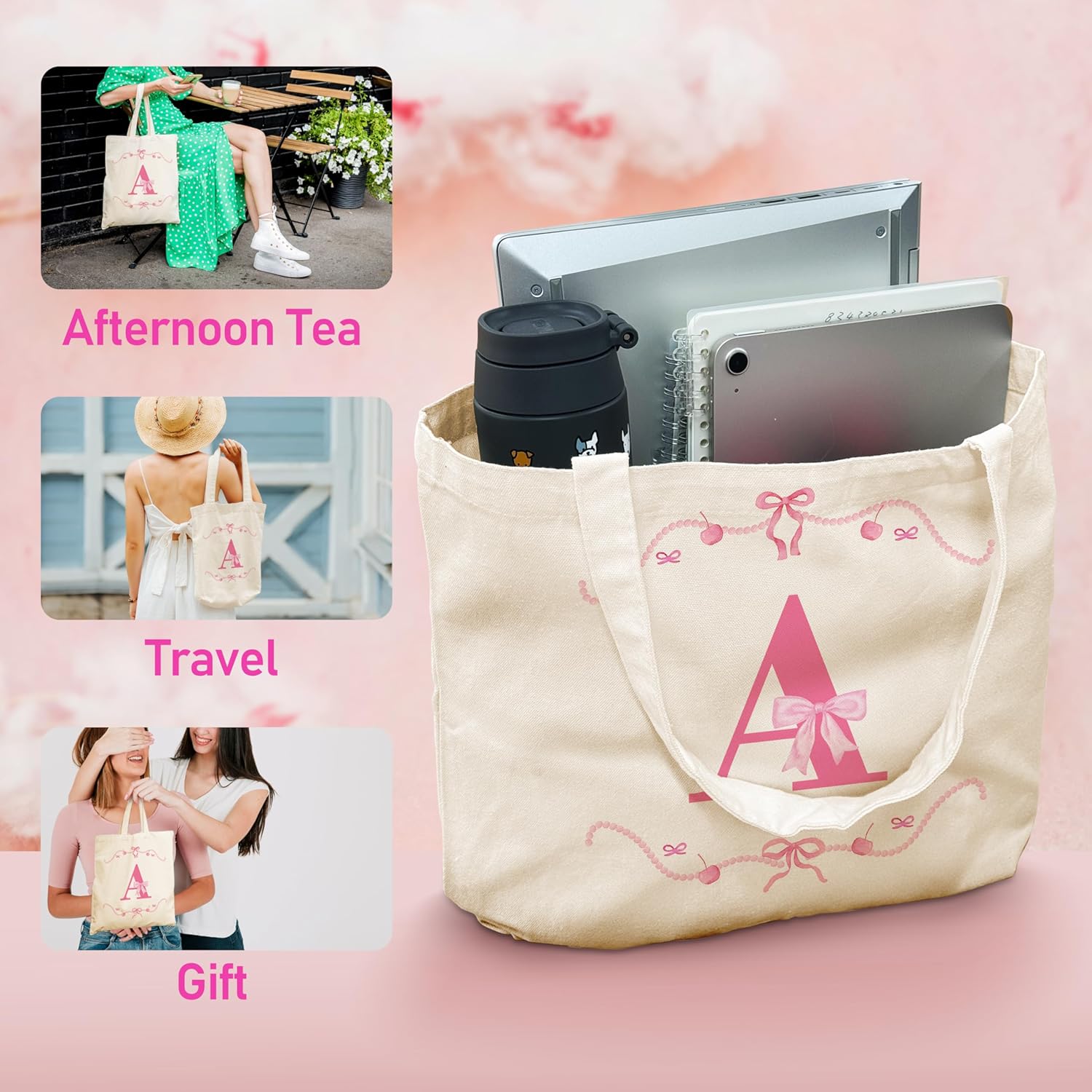 Monogram Canvas Totes with Cherry Bow Design, Reusable Cotton Tote Bag for Travel Shopping Beach - Image 4