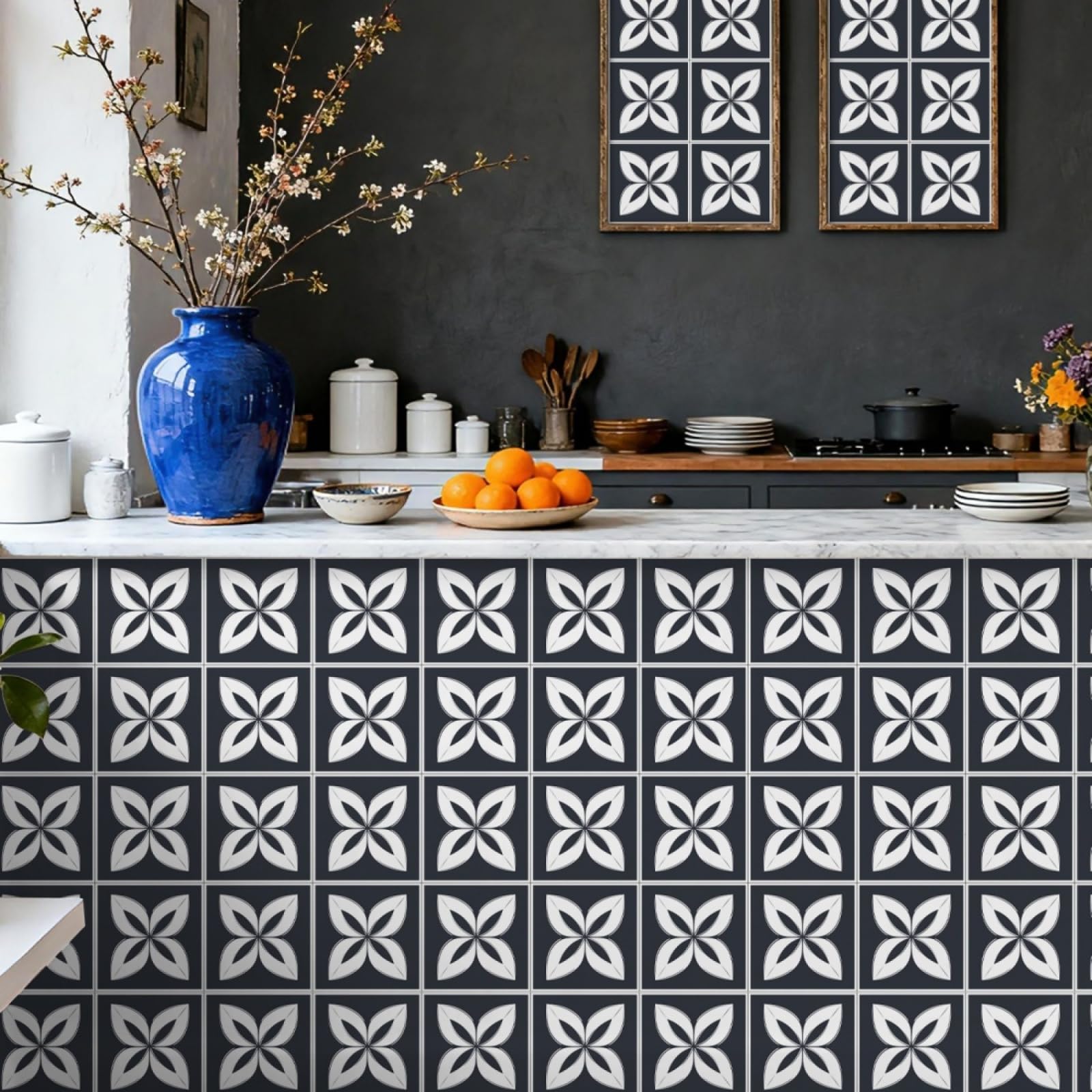 Tile Stickers White Leaves Stick on Kitchen Tiles Self Adhesive Wall Tiles PVC Peel and Stick Tile Covers Transfers Oil-Proof Kitchen Splashbacks for Walls Removable 20x20cm/24 Pcs