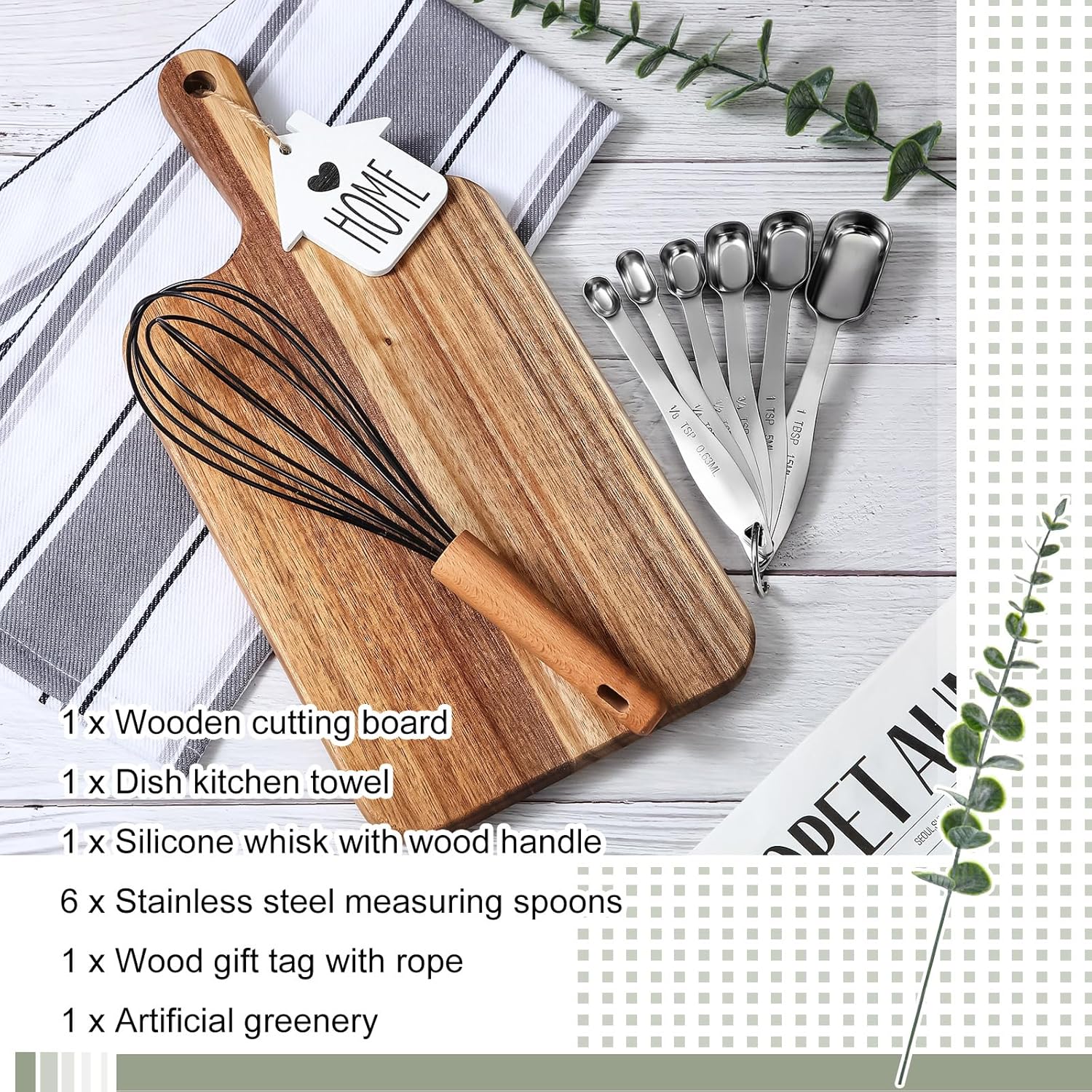 Patelai 7 Pcs Housewarming Gifts Set, Wood Cutting Board Dishcloths Metal Measuring Spoons Silicone Whisk New Home Wedding Bridal Shower Hostess Gifts for Women Newlywed Homeowner Kitchen Decoration