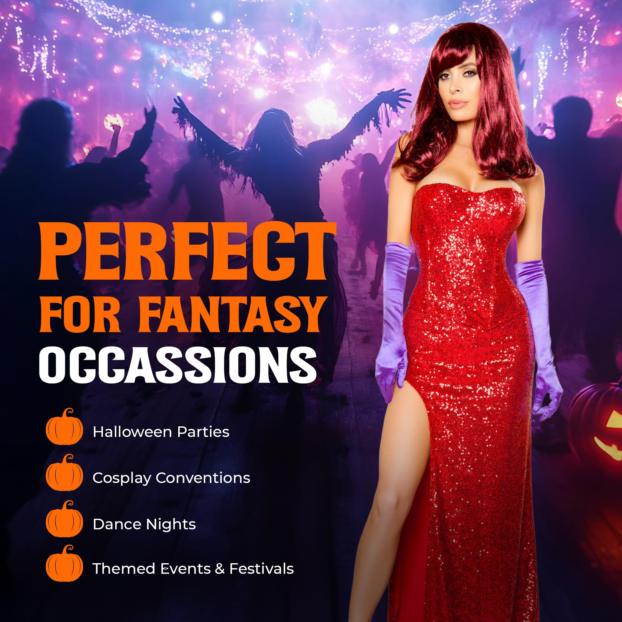 Rabbit Lover Sexy Halloween Costumes for Women Adult: Roma 2 Pc Long Red Sequin Dress with Slit, Mrs. Rabbit Cosplay Outfit