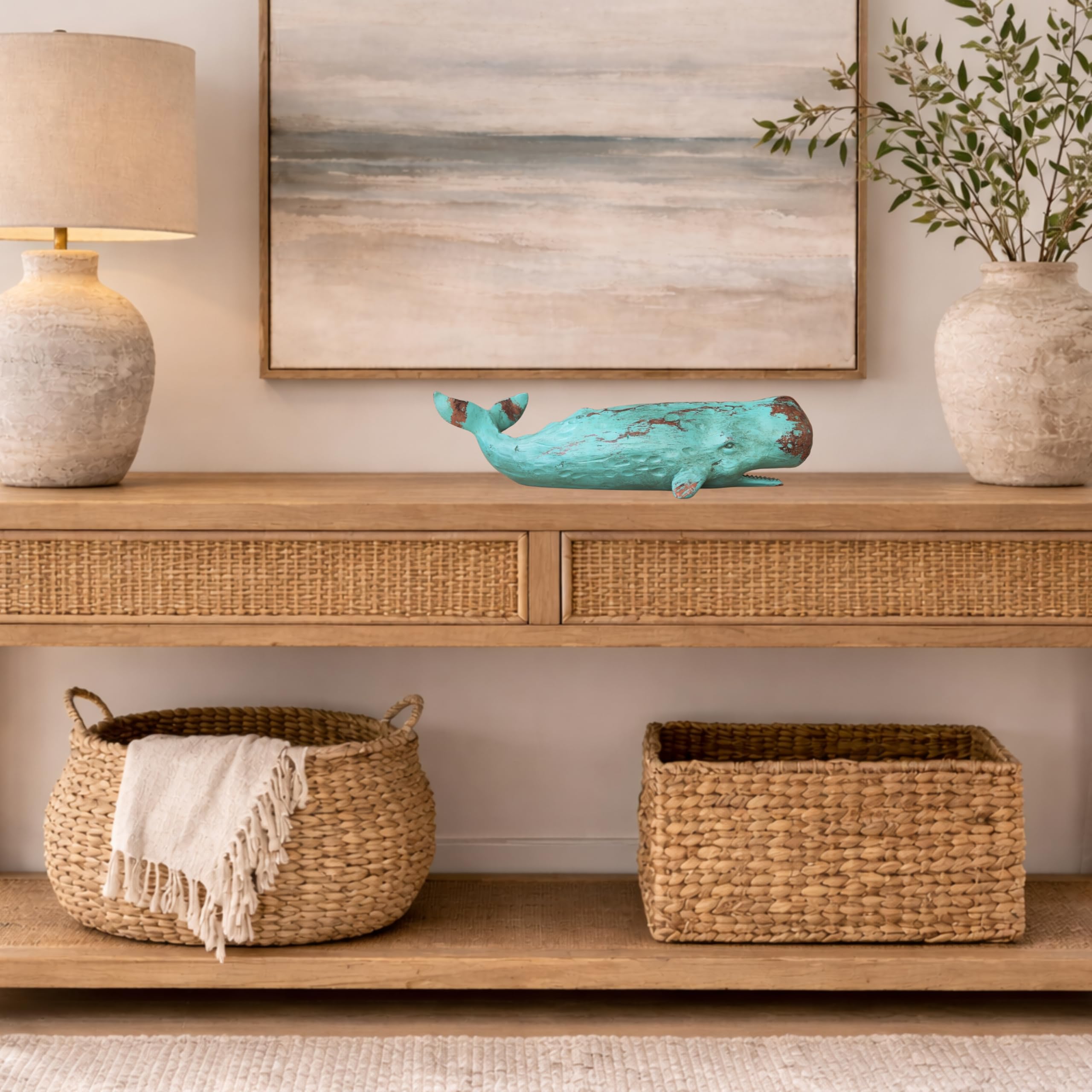 MichaelNoll Wal Dekofigur Statue Skulptur aus Polyresin - Maritim Deko für Wohnung in Holz-Optik Grün - Dekoration modern für Wohnzimmer, Schlafzimmer oder Badezimmer - 40x12,8x11,5 cm