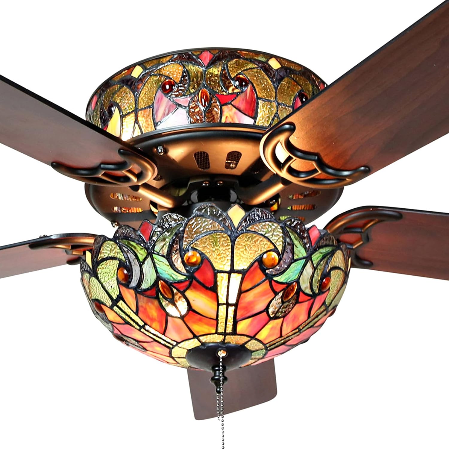 RIVER OF GOODS 52 Inch LED Stained Glass Ceiling Fan - Double-Lit Ceiling Fans With Lights and Remote - Unique Lighting & Ceiling Fans - Charming Antique Ceiling Fan Light Fixture - Halston - Spice