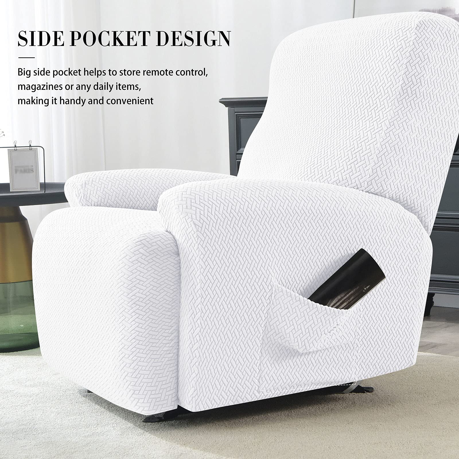 Copripoltrona Elastico copripoltronare Jacquard 4 Pezzi Reclinabile Antiscivolo relax Rimovibili E Lavabili per Soggiorno-Bianca-1 Posto