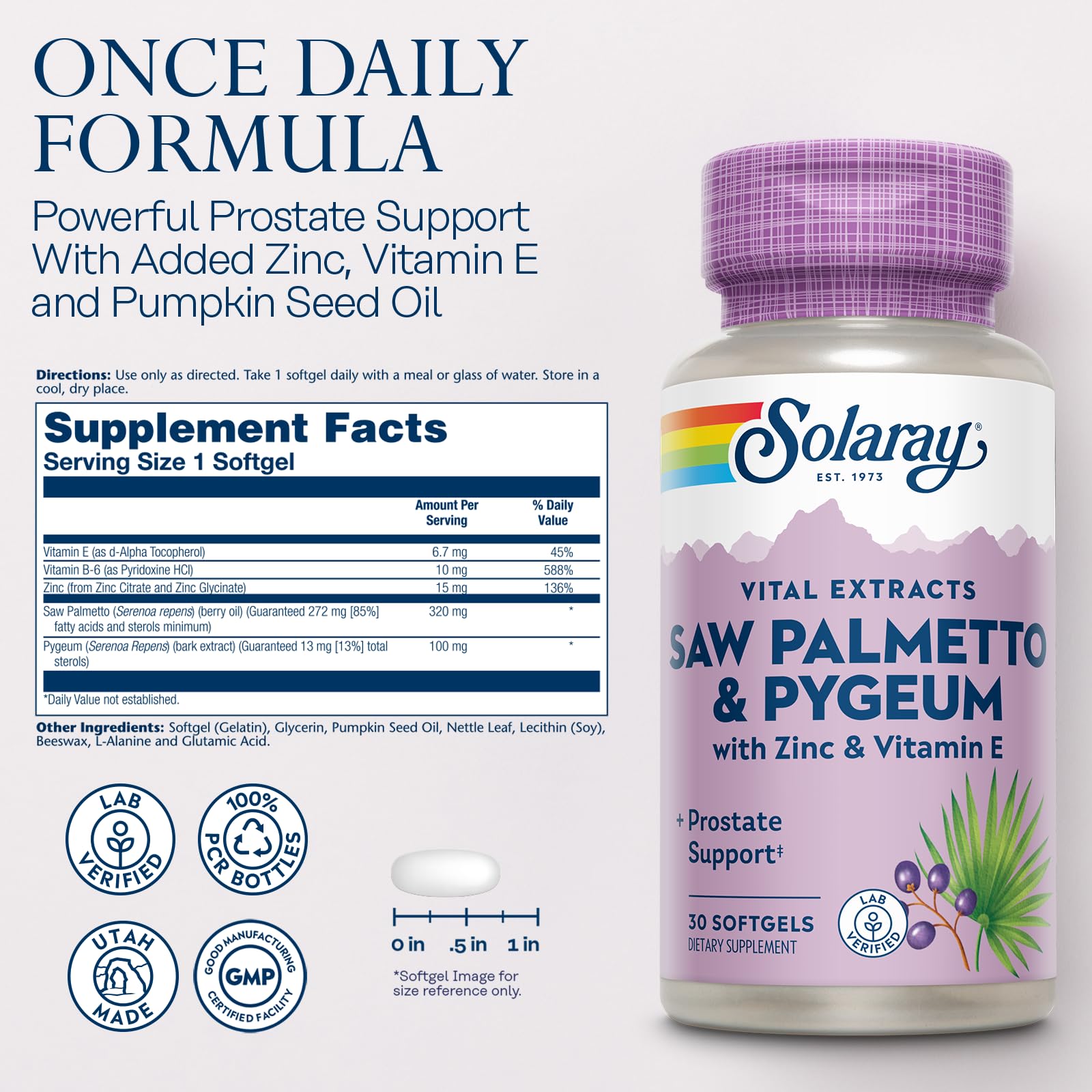 SOLARAY Saw Palmetto and Pygeum - Saw Palmetto for Men w/Pygeum Bark, Zinc, Vitamin E, Pumpkin Seed Oil - Prostate Supplements for Men w/Beta Sitosterol - 60-Day Guarantee - 30 Servings, 30 Softgels — Amazon image 3