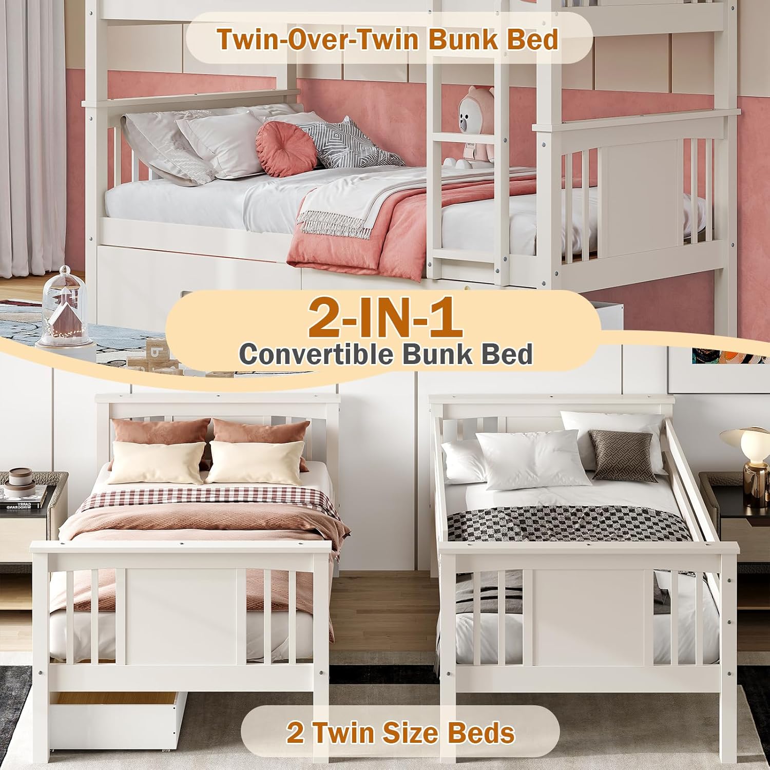Bunk Bed Twin Over Twin with Storage Drawers, White Convertible Wood Twin Bunk Beds with Ladder and Safety Guardrail, No Box Spring Needed (White)