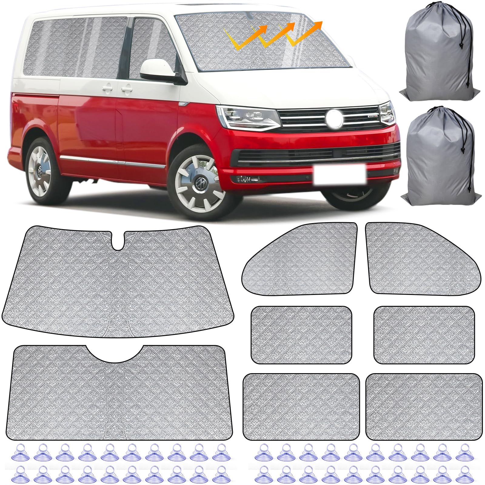 Parasol Coche Delantero Plegable para VW T5/T6 - Set de 8 Piezas, Protección Solar Multicapa, Resistente a Desgarros, Fácil de Instalar, Versátil, con Bolsa de Almacenamiento