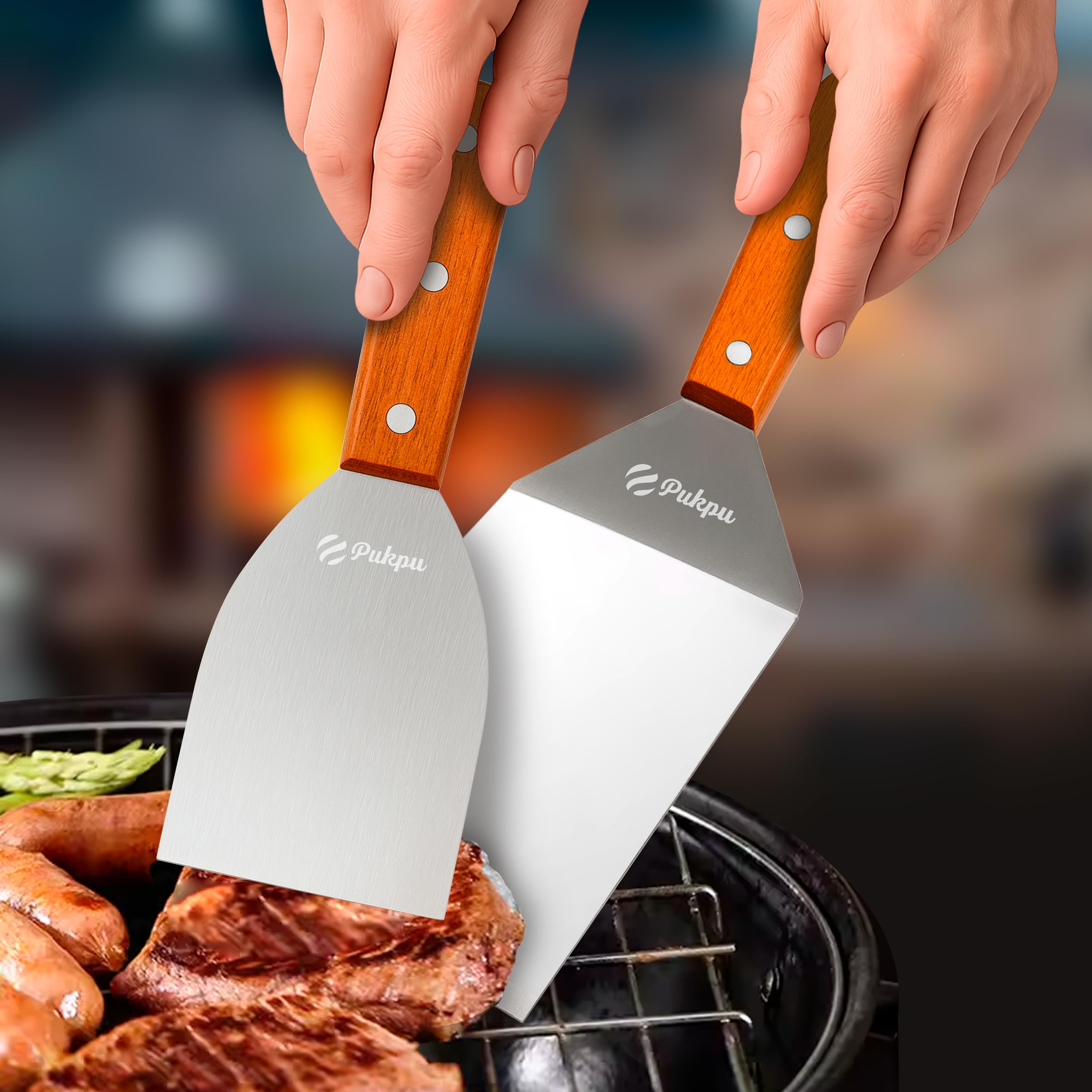 Pukpu Kit Smash Burger 6 Pièces Inox Premium – Presse Hamburger, 2 Spatules, Brochette BBQ, Cloche Fromage + Ebook Recettes Offert – Certifié CE Contact Alimentaire