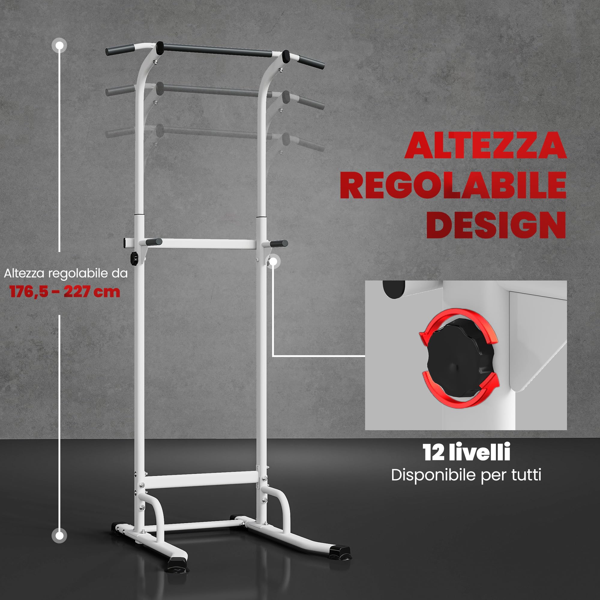 SPORTNOW Power Tower con Barre per Dip e Trazioni, Power Tower Multifunzione con Altezza Regolabile 176.5-227 cm, Struttura in Acciaio per Allenamento a Casa Palestra, Capacità 120 kg