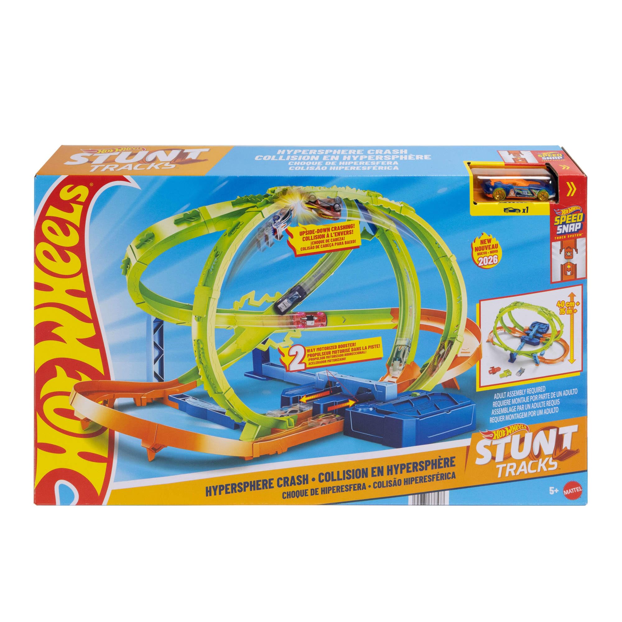 Hot Wheels Stunt Tracks Scontri nell'Ipersfera Set scontri e macchinina | Lanciatore motorizzato lancia il veicolo scala 1:64 in un loop rovesciato, 2 zone di scontro, Speed Snap Track, JTC74
