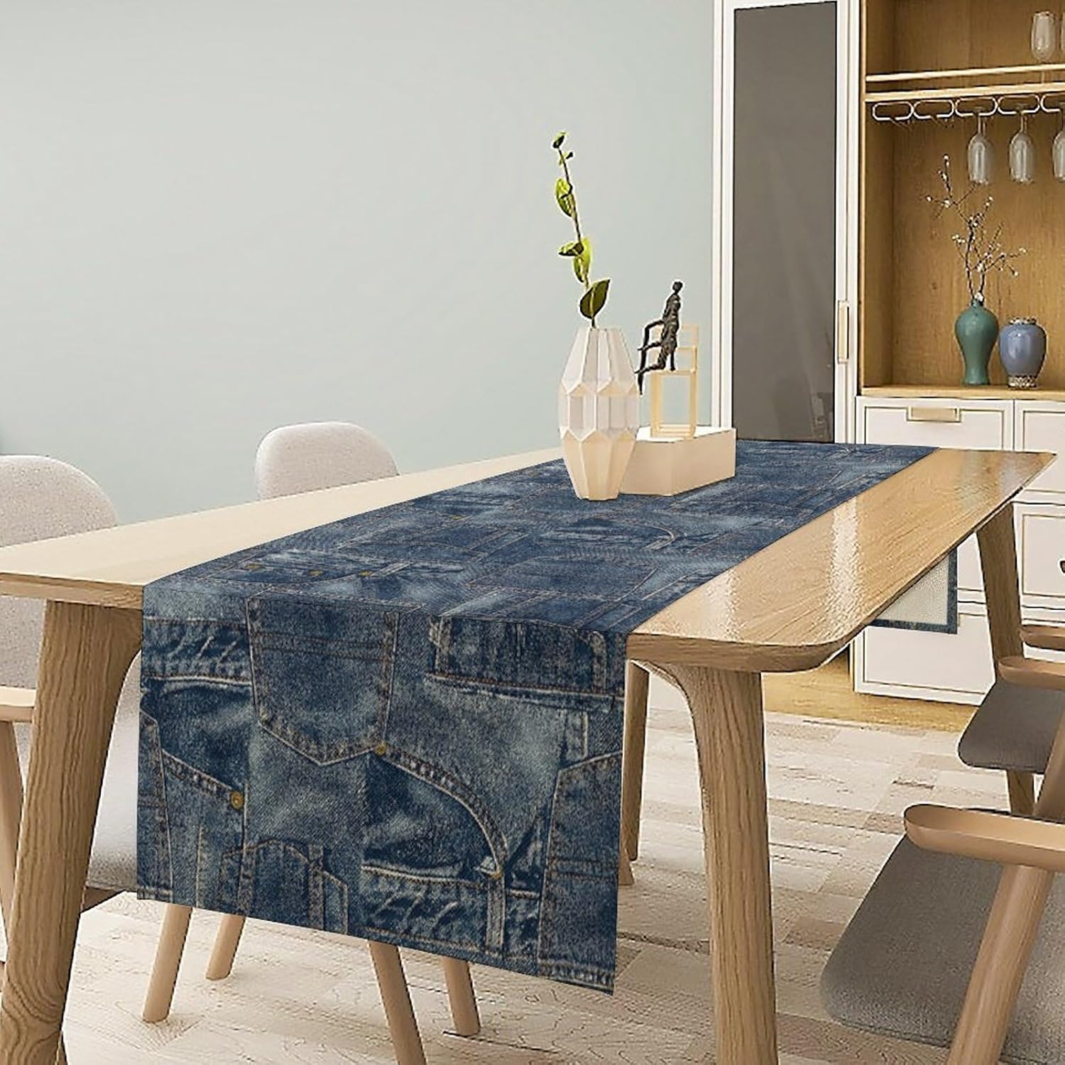 Denim Patchwork Style Table Runner, Fashionable Blue Denim Jean Pocket Design Dinner Runner for Home Farmhouse Kitchen Dining Holiday Party Table Decor (Not Denim Fabric) 13x120in