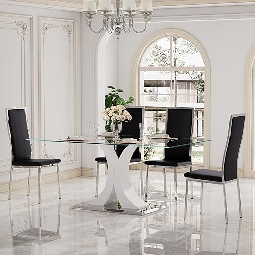 Miniatura 24 de Moderno juego de mesa de comedor rectangular de vidrio para 4, 63 pulgadas, mesa transparente de cocina de lujo con base negra y plateada, 4 sillas