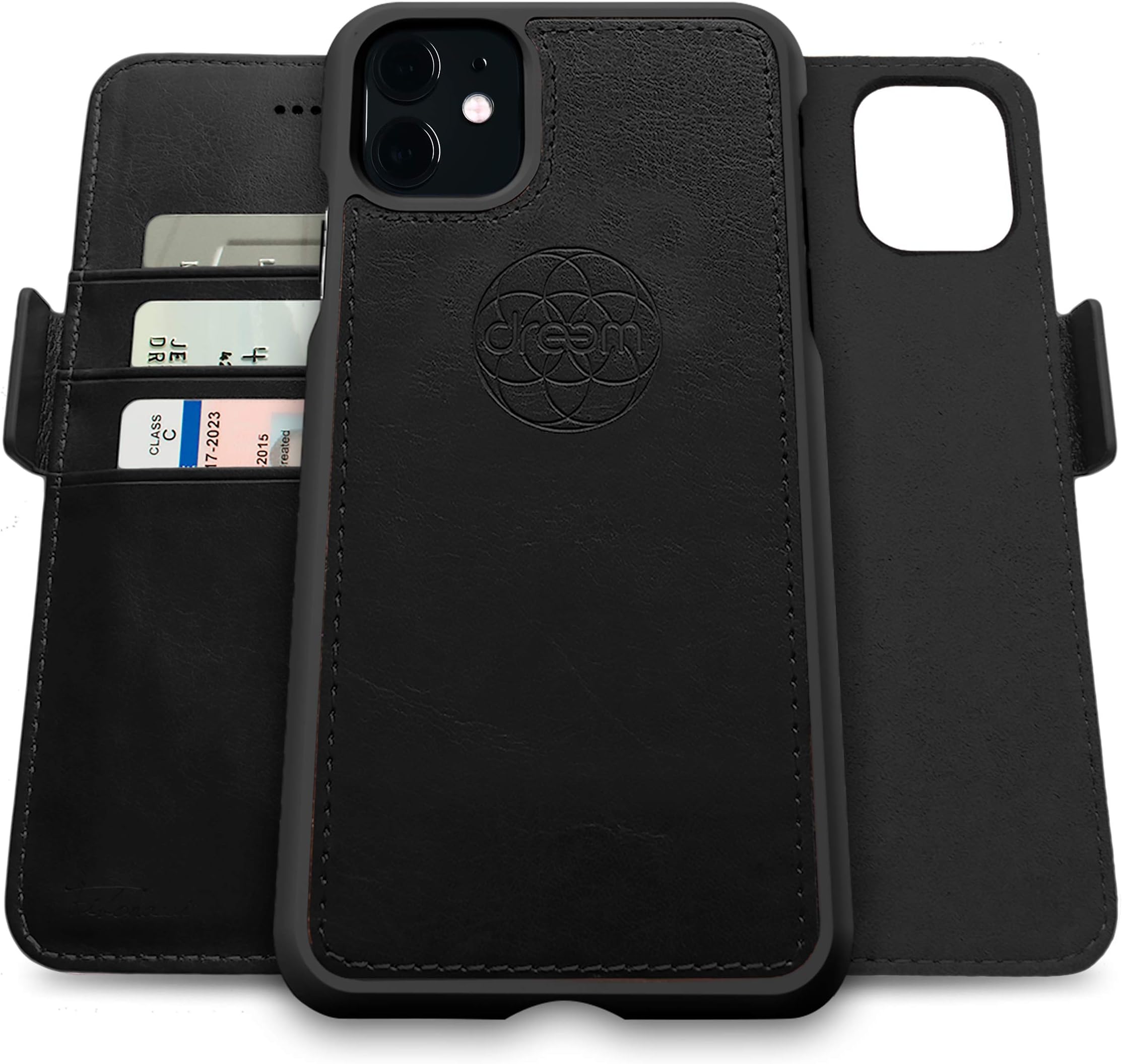 - Dreem Fibonacci 2-in-1 Wallet Case for Apple iPhone 11 - Luxury Vegan Leather, Magnetic Detachable Shockproof Phone Case, RFID Card Protection, 2-Way Flip Stand - Black
