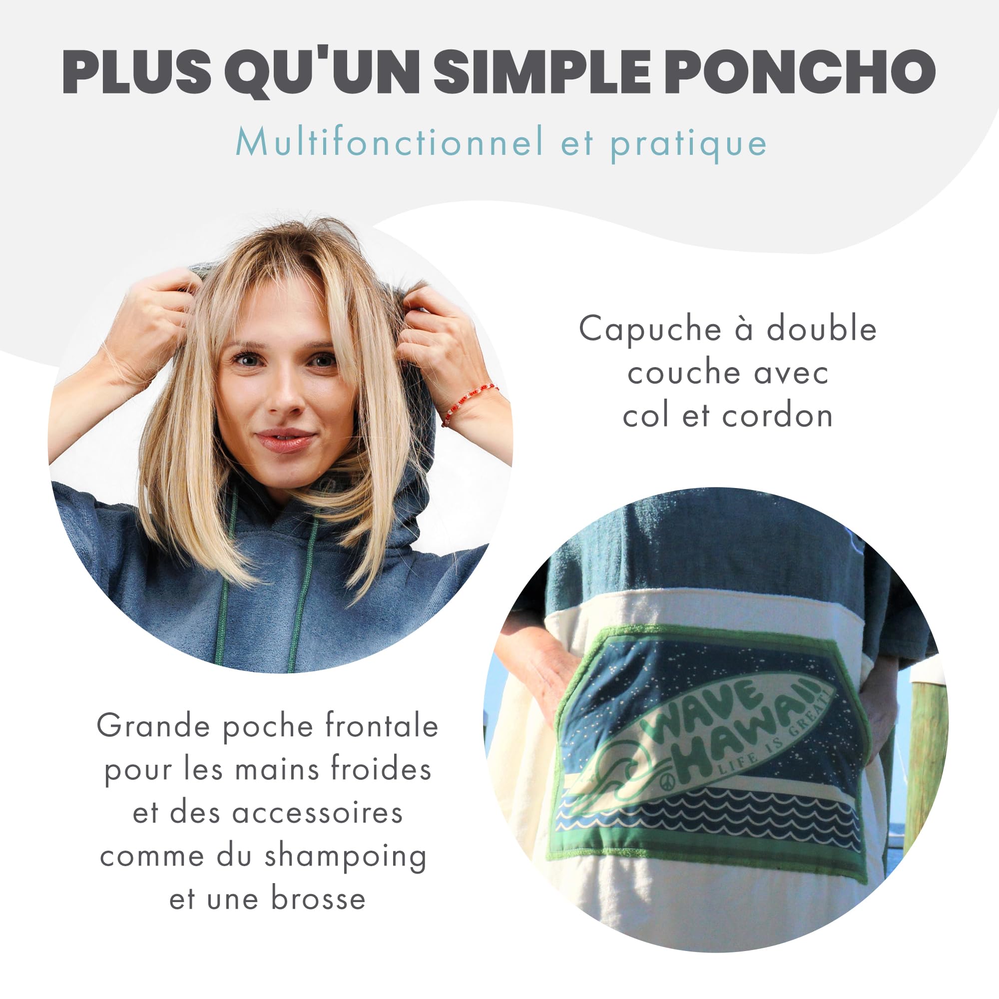 WAVE HAWAII Poncho de bain pour homme et femme - Taille L - 170 à 200 cm - Poncho de surf en coton - Serviette éponge avec haute absorption d'eau - Aide au déménagement pour la plage et les