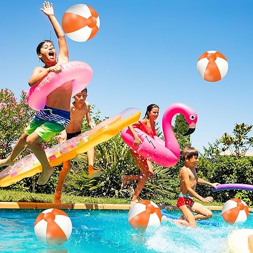 Miniatura 7 de Whaline Pelotas de playa inflables de 16 pulgadas, color naranja y blanco, 16 unidades, bolas redondas de PVC, lindos juguetes de juego para verano,
