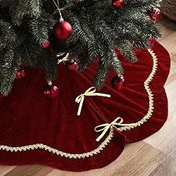 Arrowbash Saia de árvore de Natal 121 cm de pele de veludo vermelho com acabamento em renda dourada brilhante para festas, decorações rústicas de Natal durante todo o ano