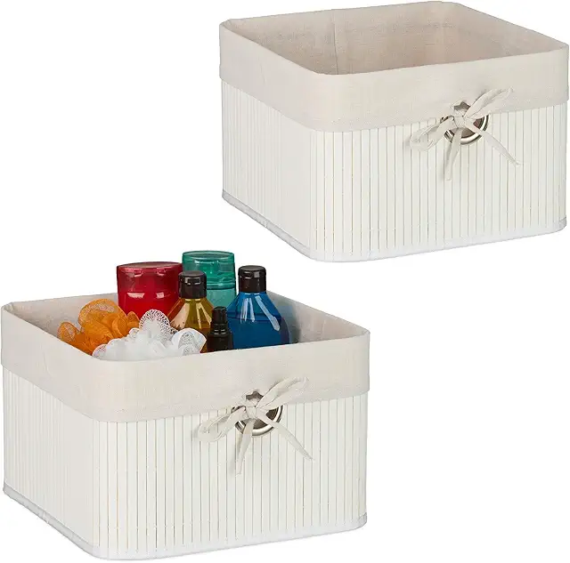 Bamboo Storage Basket Set of 2 with Handles, White Fabric, 20x31x31cm