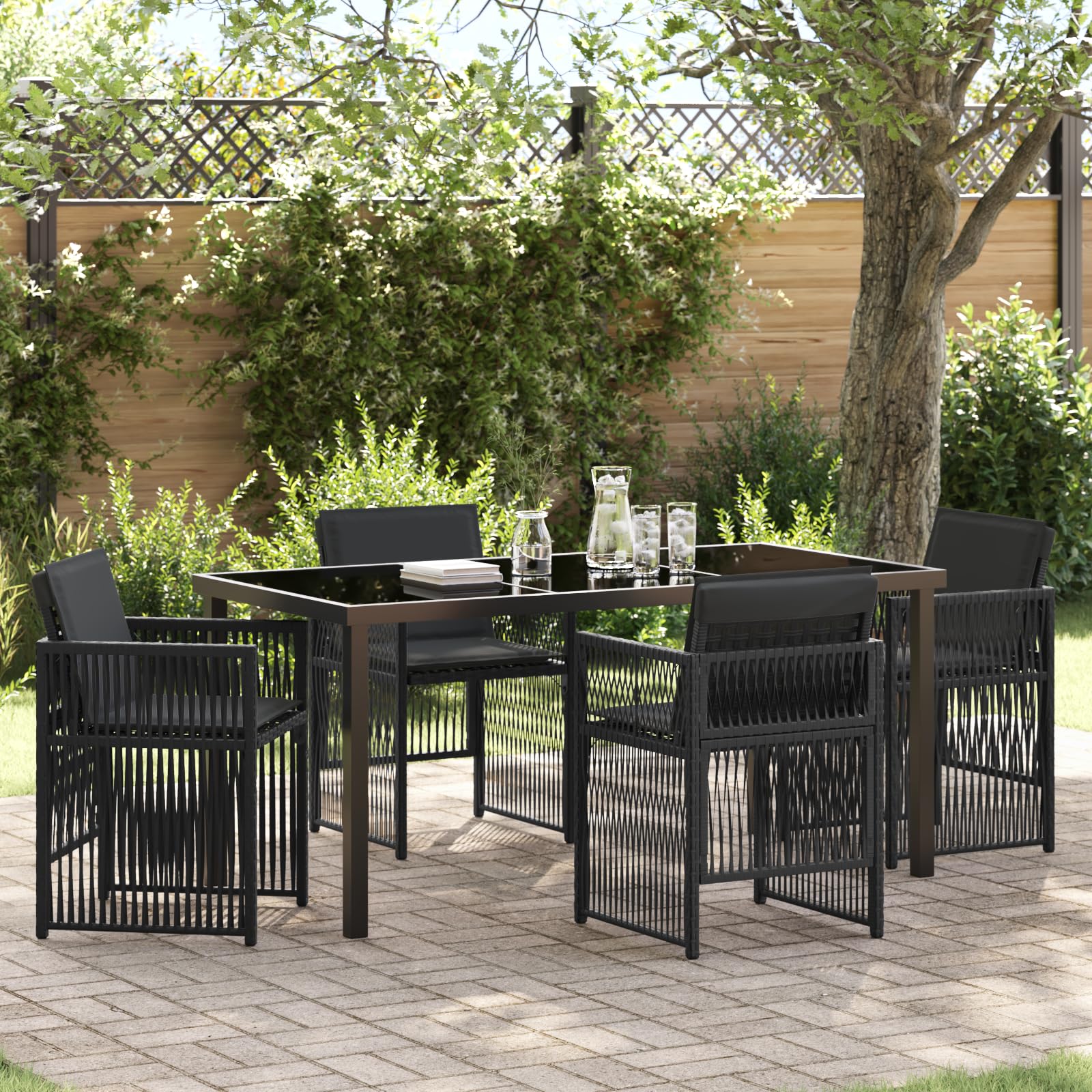 Salon de jardin 5 pièces polyrotin table rectangulaire 4 chaises extérieur