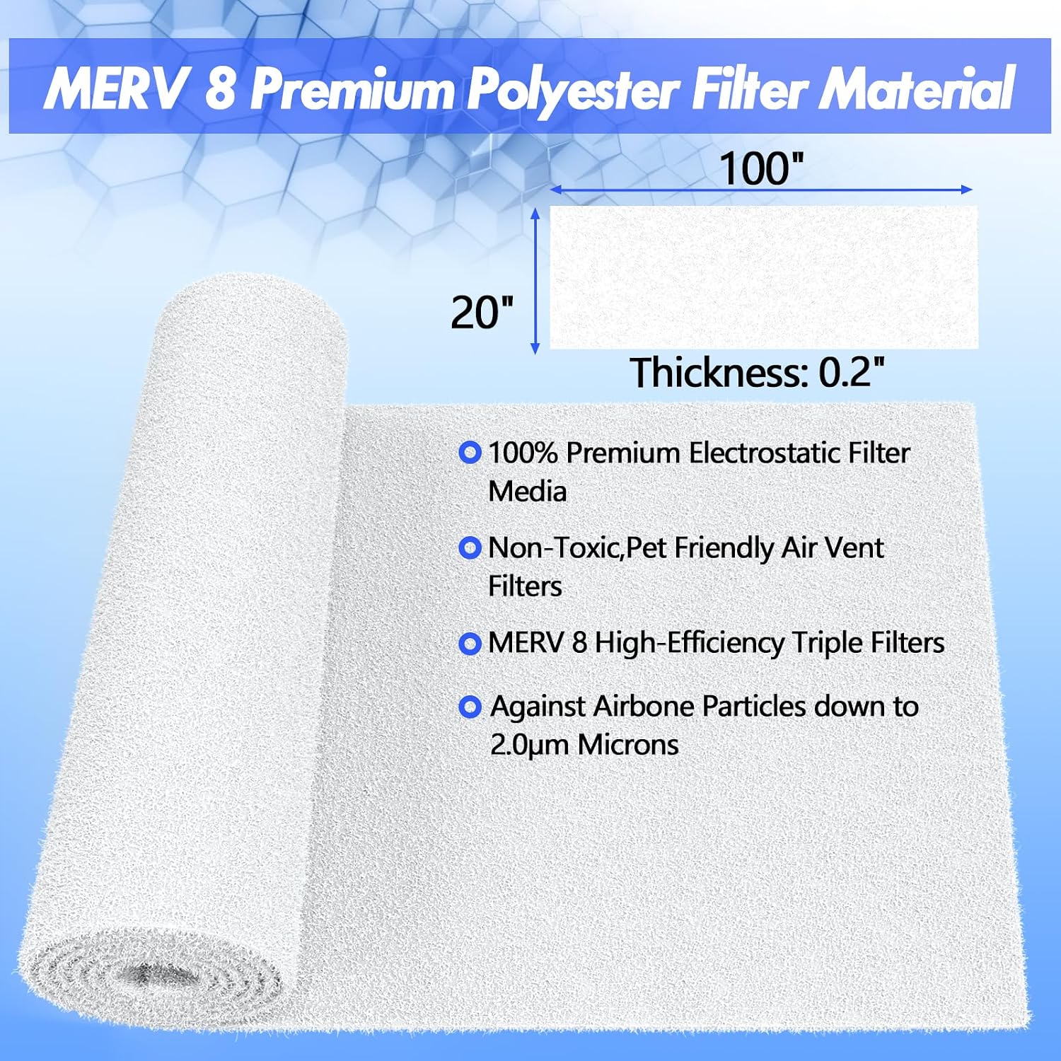 Air Vent Filter Kit - 20" x 100" Cut to Fit Air Filter Materials MERV 8 Electrostatic Media Roll for Home Floor, Ceiling, AC, HVAC, RVC Furnace Vents, With 48PCs Adhesive Hook Tape