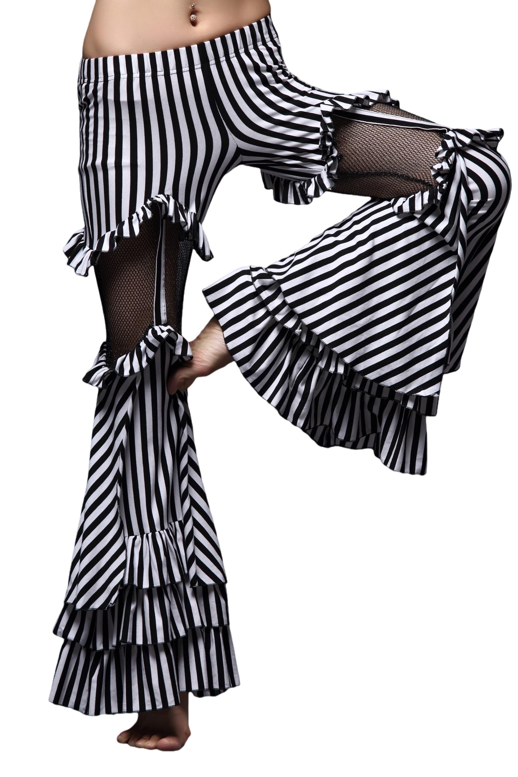 Bauchtanz-Performance-Hose für Damen, Tribal-Stil, gestreift, ausgestellt, Performance-Hose