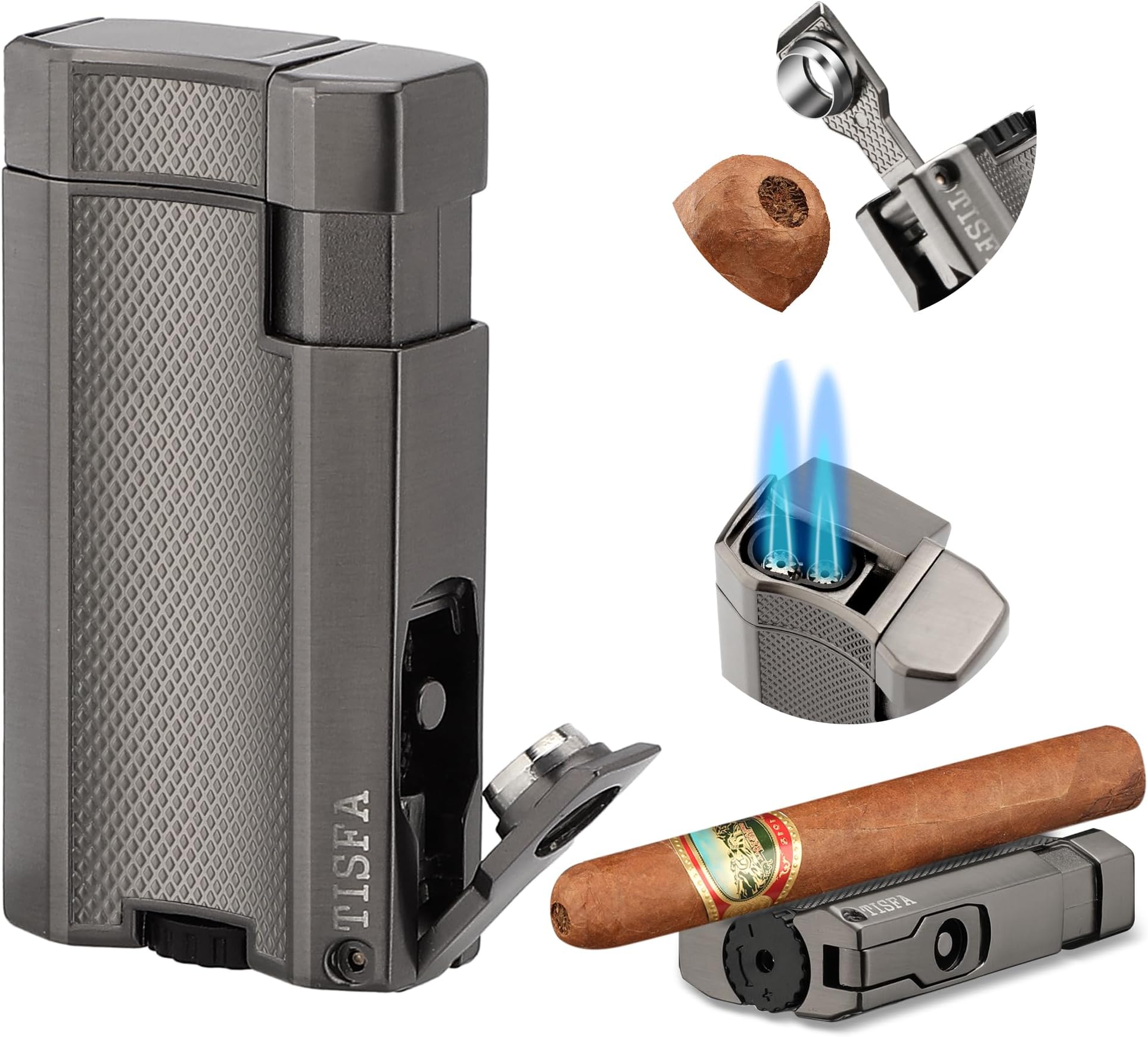 TISFA Torch Lighter Double Jet Flame Cigar Lighter with Cigar Punch and Cigar Stand, Refillable Windproof Butane Lighters, Adjustable Pocket Cool Lighters for Smoking (Grey)