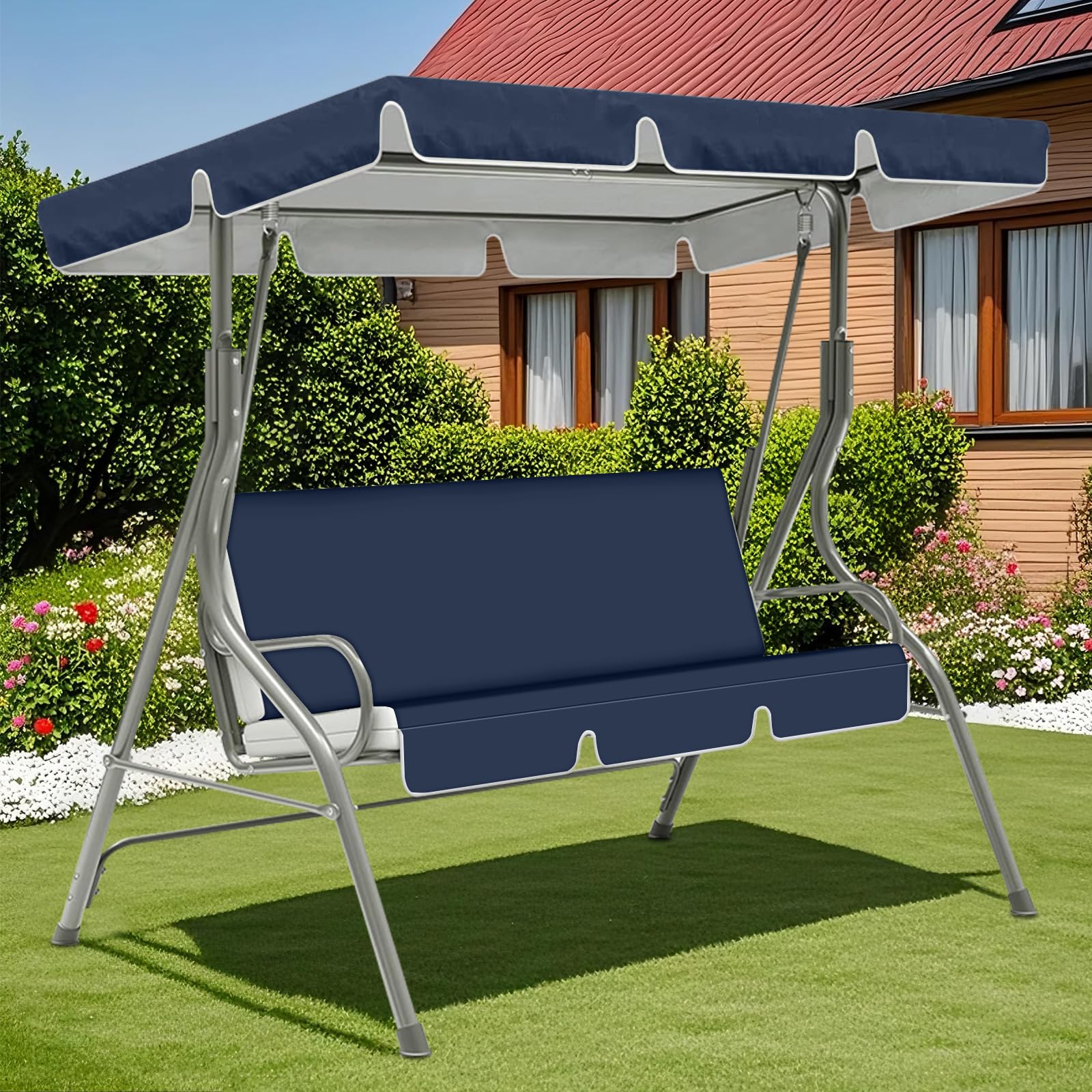 ZYBSLCSY Swing Chair Canopy Replacement and Garden Swing Seat Cover Fit for 2 3 Seater, Waterproof Hammock Canopy Top Cover Windproof Anti-Uv Heavy Duty Rip Proof (Dark Blue,A+G)