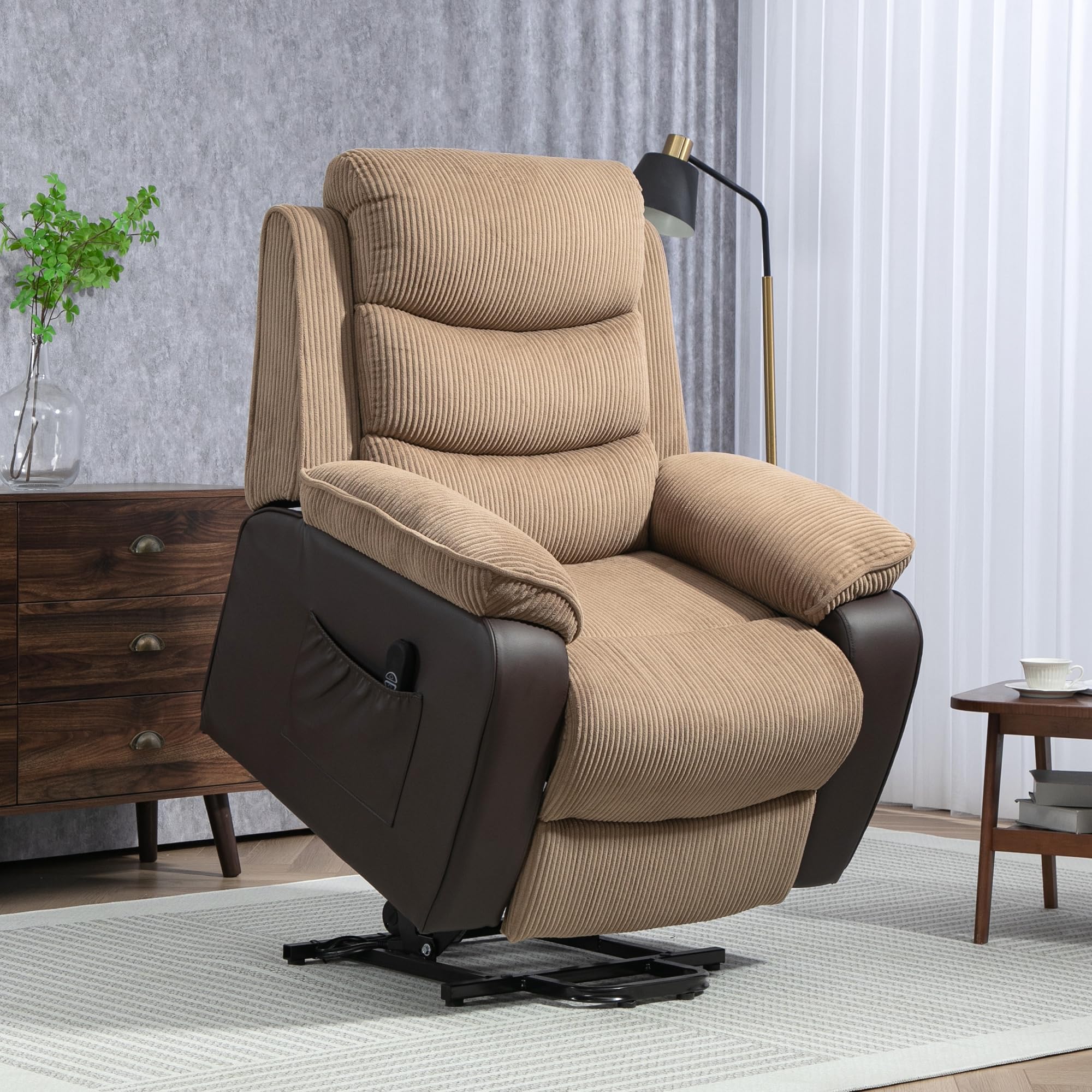 HOMCOM Sillón Relax Reclinable Eléctrico Levanta Personas, Sillón Elevador, con Puerto USB, Control Remoto, Reposapiés, Tapizado en Pana, Bolsillos Laterales, Marrón