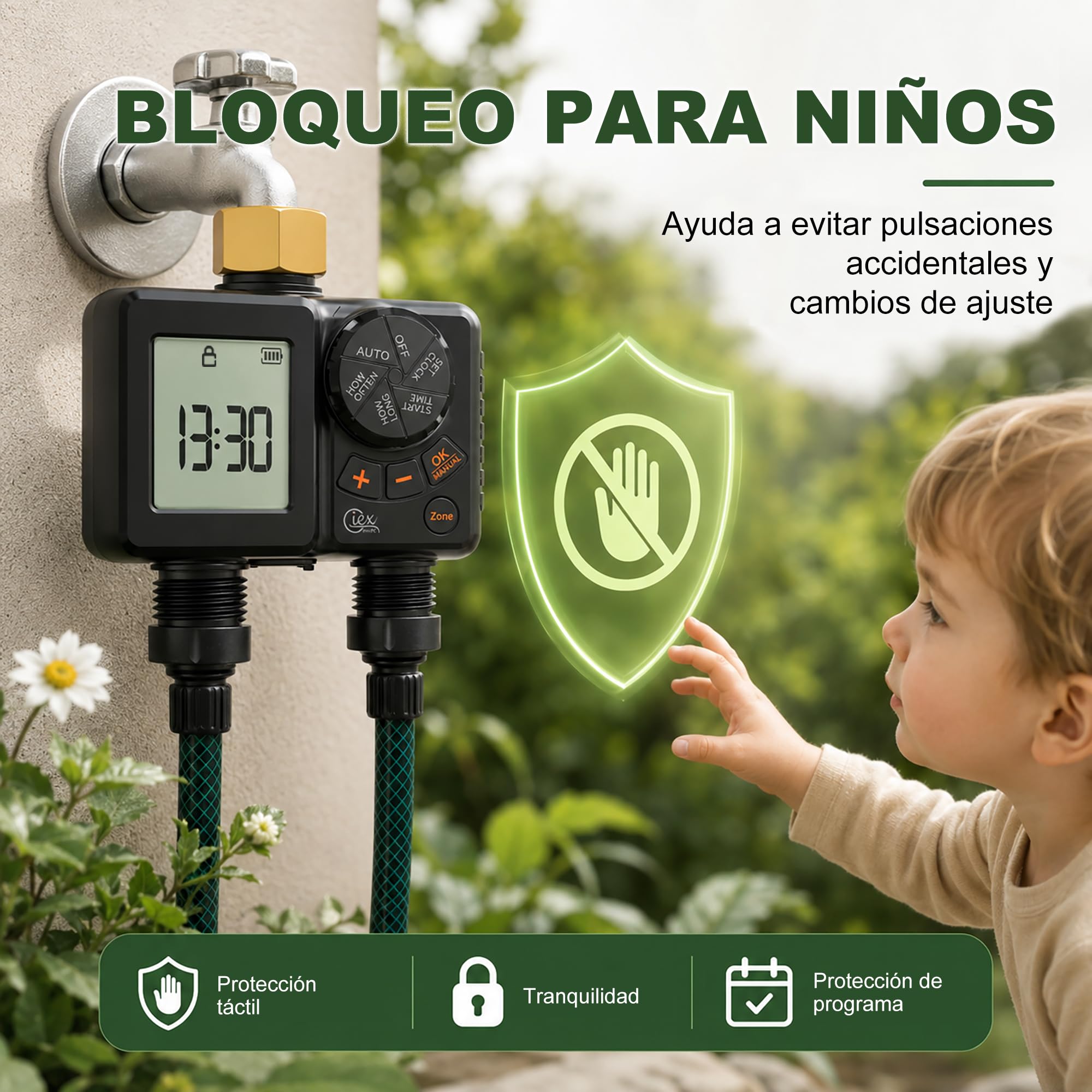GIEX - Ordenador de riego de 2 vías, temporizador de riego recargable, 2 zonas con conexión de latón, temporizador de agua programable con IP66, retardo de lluvia y riego manual para jardín, césped