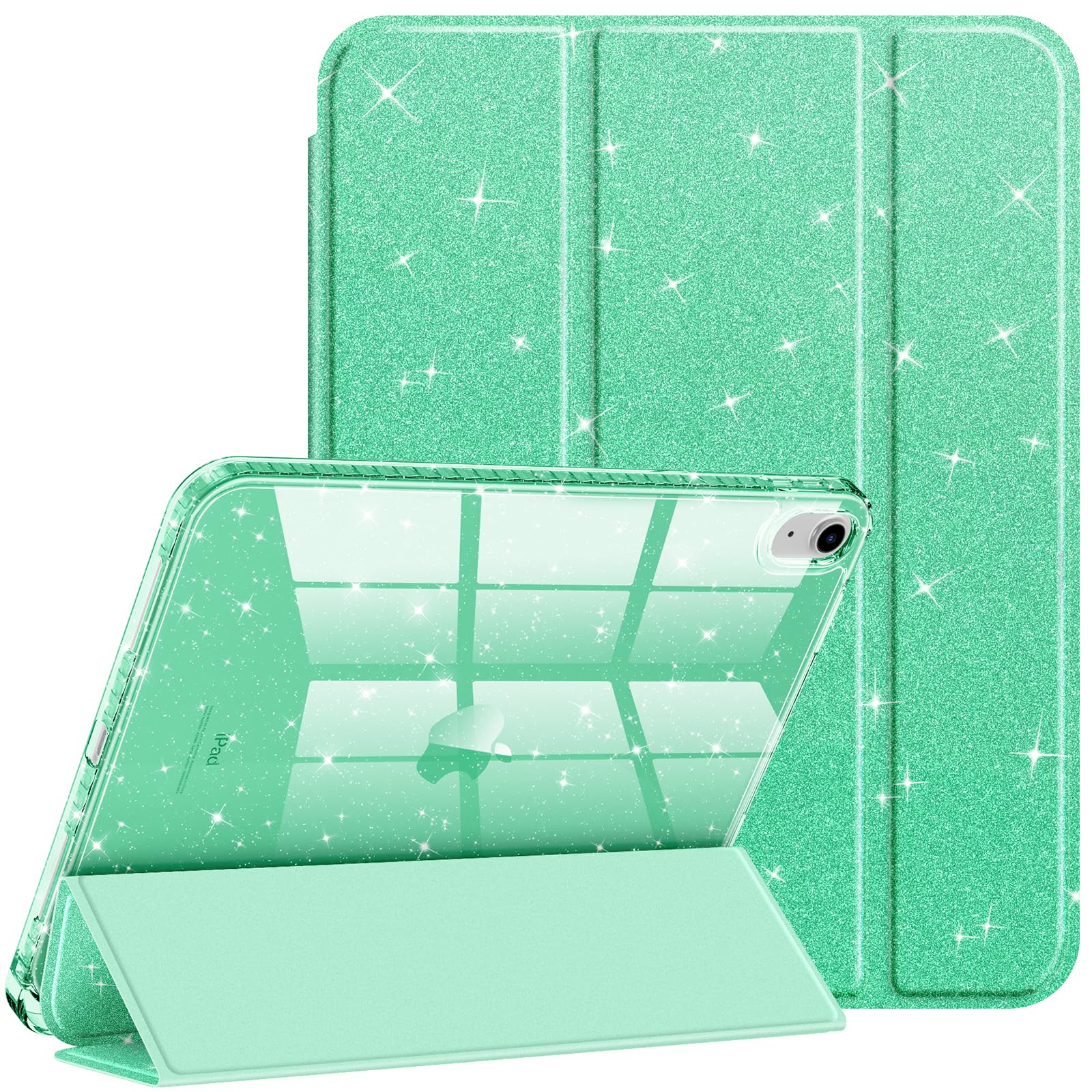 Fintie Glitzer Hülle für iPad 11./10. Generation (2025/2022 A16 Chip) mit Stifthalter - Transparente Dünne Schutzhülle, Stoßfest & Glitzer Klar Rückseite für Mädchen/Kinder‌, Grün