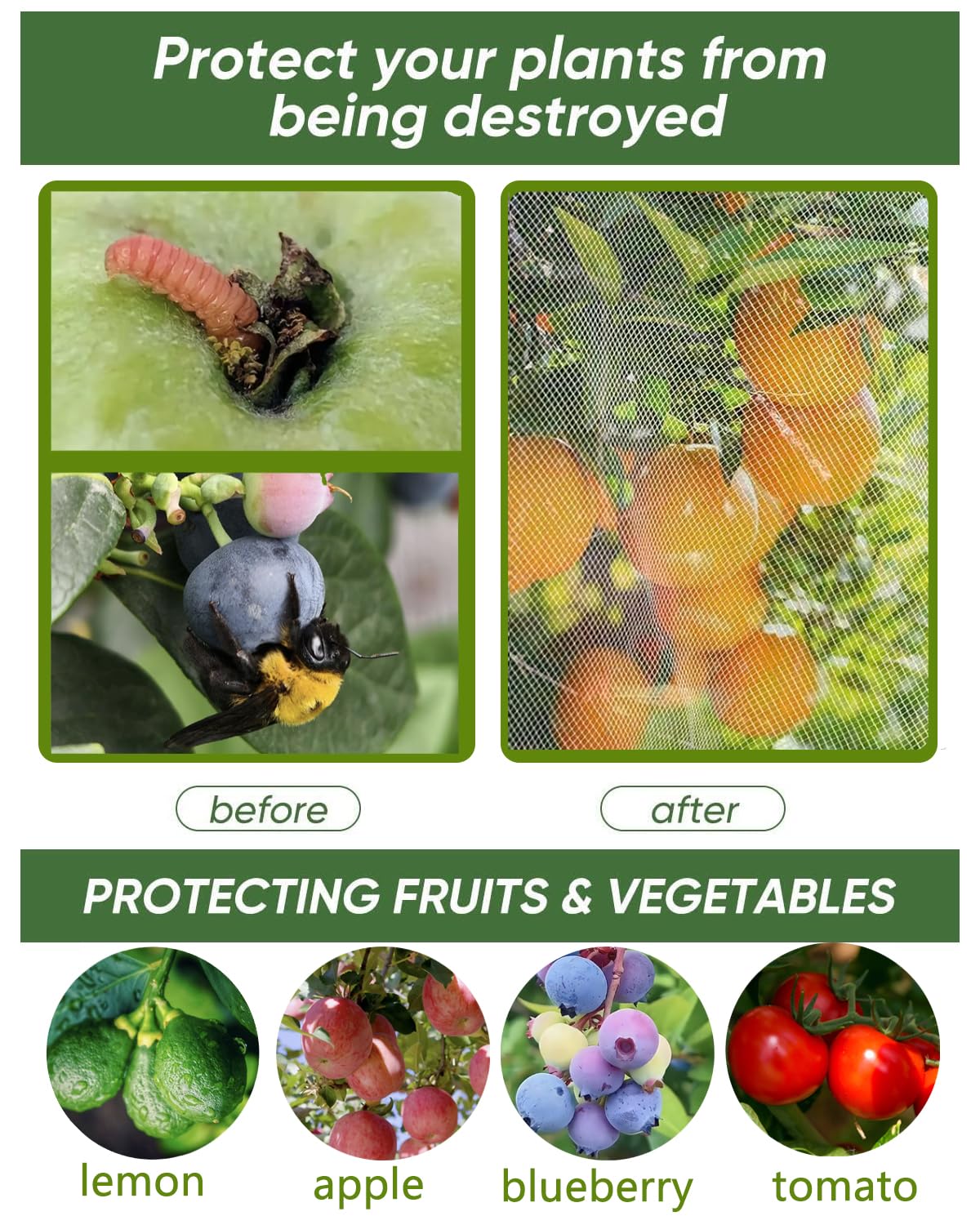 Paquete de 2 redes para árboles frutales, red de protección de tomates y arándanos con cremallera y cordón, barrera para insectos y pájaros, para árboles frutales, verduras, flores, arbustos en el
