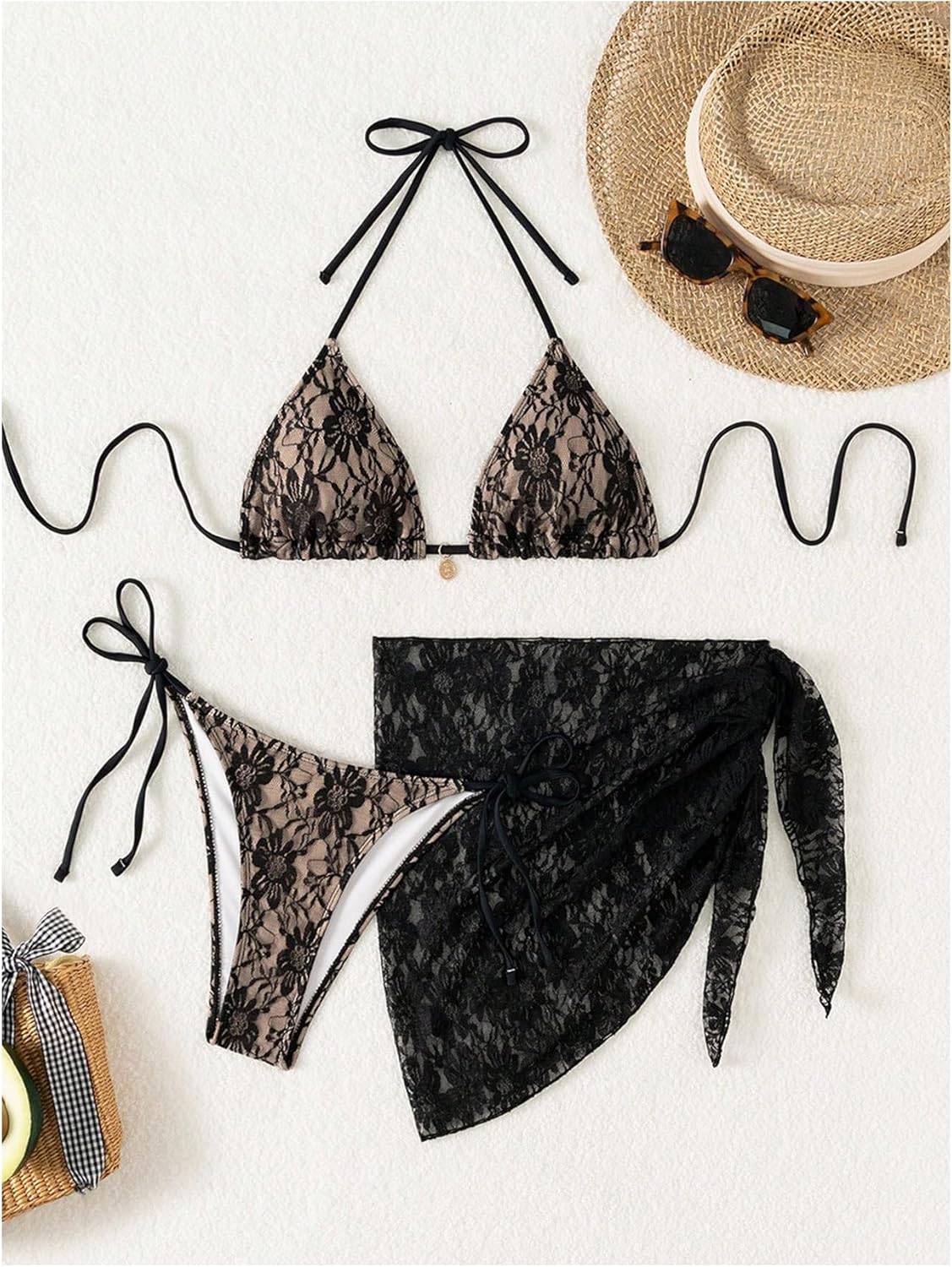 SHENHE Women's Lace Bikini Set 3 Piece Triangle Halter String Swimsuits with Sarong Cover Up - Image 2