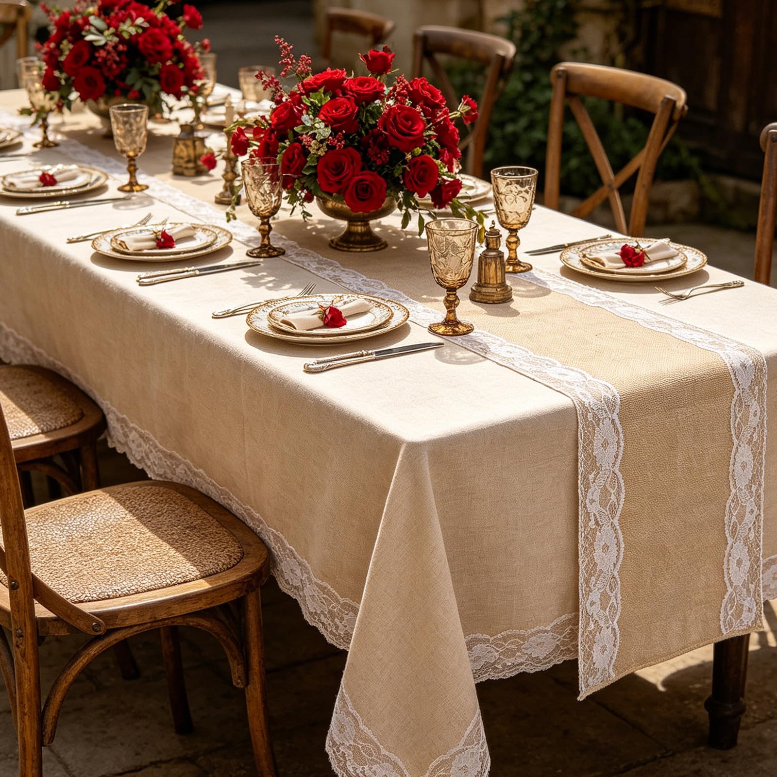 VOSAREA 12 Pièces Chemin de Table et Résistant Déformation en Lin Rustique 30 X 178 Cm Bordure Blanche, Lavable en Machine pour Mariage et Réception