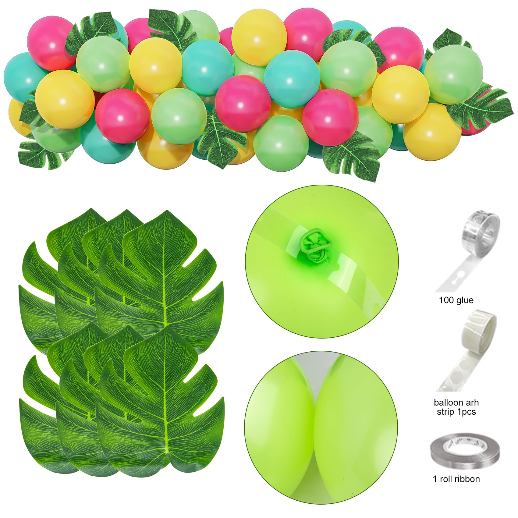 74 Pezzi Riutilizzabile Gonna Tavolo Hawaiana (75 * 275cm), Oro Tovaglia da Tavolo Hawaiian, Hawaiian Luau Gonna da Tavolo Set con cannucce di frutta 3D Palloncini Foglie di Palma Cake Topper