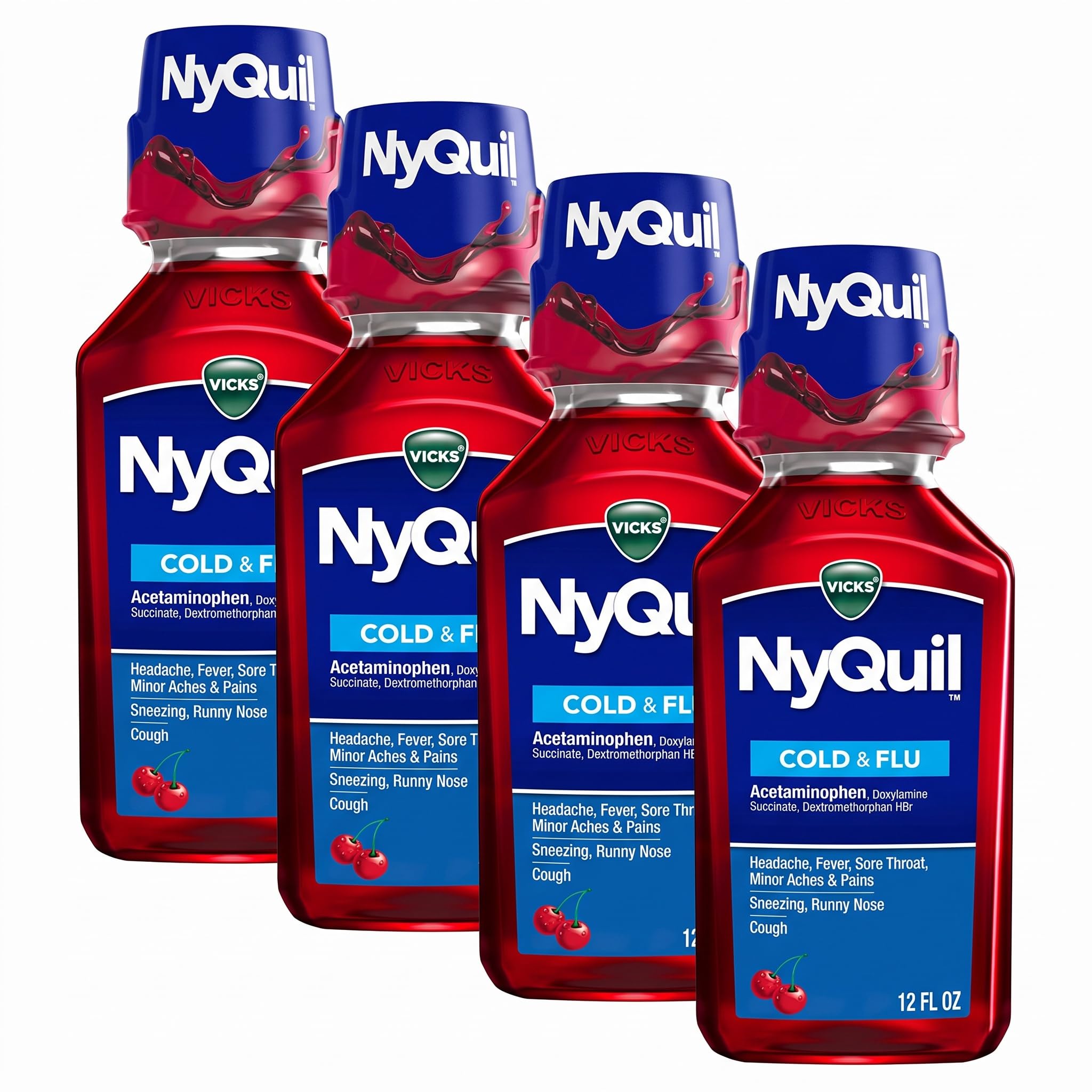 Vicks NyQuil Cherry Cold and Flu Relief Liquid Medicine, Nighttime Relief for Headache, Fever, Sore Throat, Minor Aches and Pains, Sneezing, Runny Nose, and Cough, Cherry Flavored, 12 FL OZ — Amazon image 7