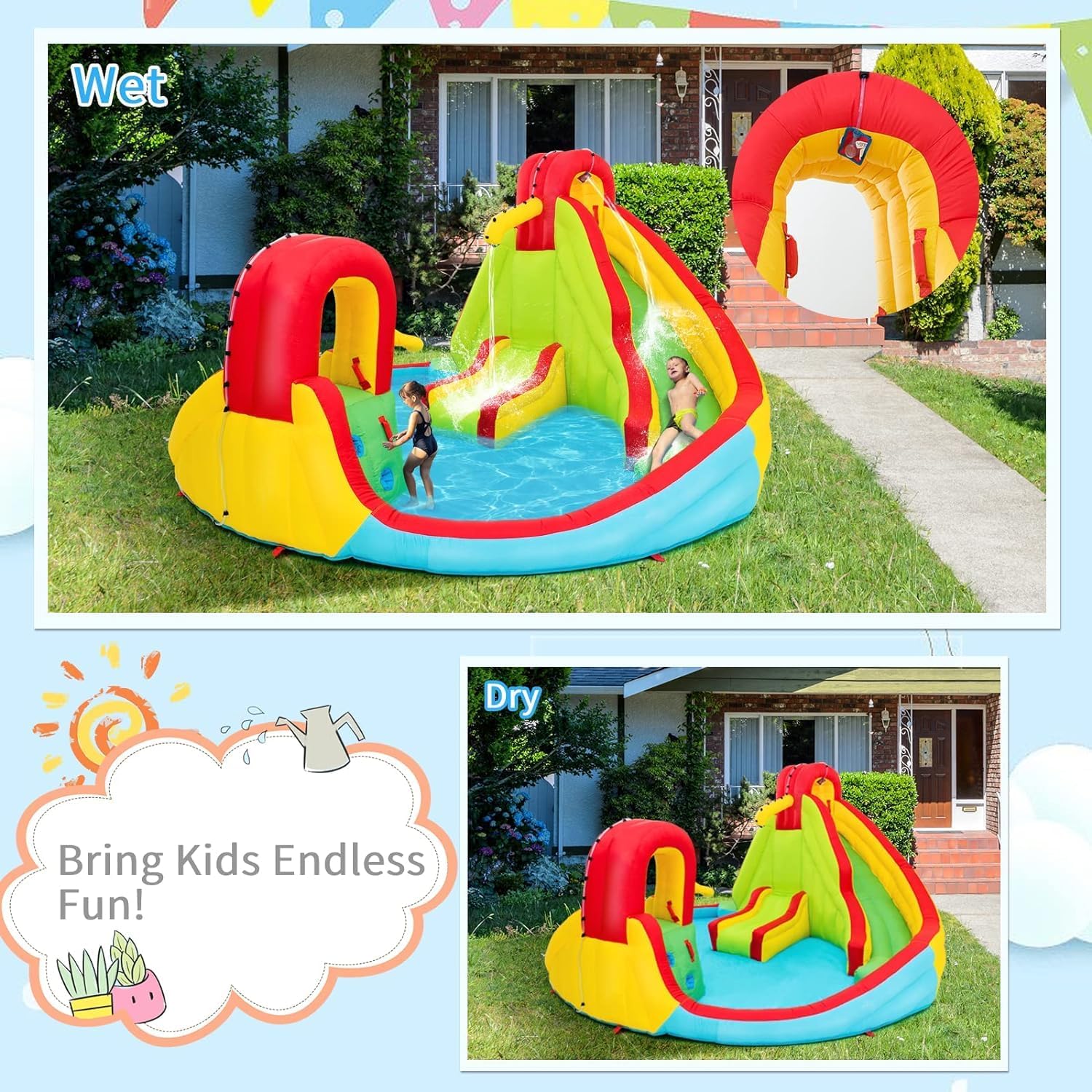 DORTALA Inflatable Water Slide, Blow Up Bouncy Castle w/Dual Slides, Splashing Pool, Climbing Wall, Water Cannon, Indoor Outdoor Water Park Bounce House for Kids & Adults (Without Blower)