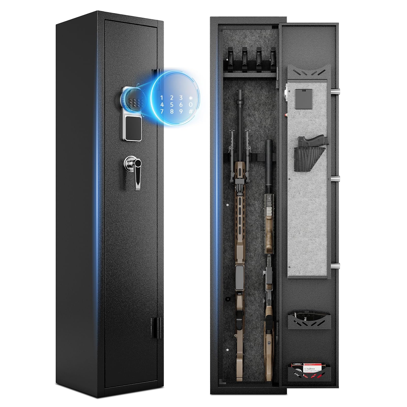 KAER 2-3 Gun Safe, Rifle Safe for Bedroom with Digital Keypad Lock, 4 Gun Slots &amp; Pistol Pockets, Secure Firearm Storage for Garage, Living Room