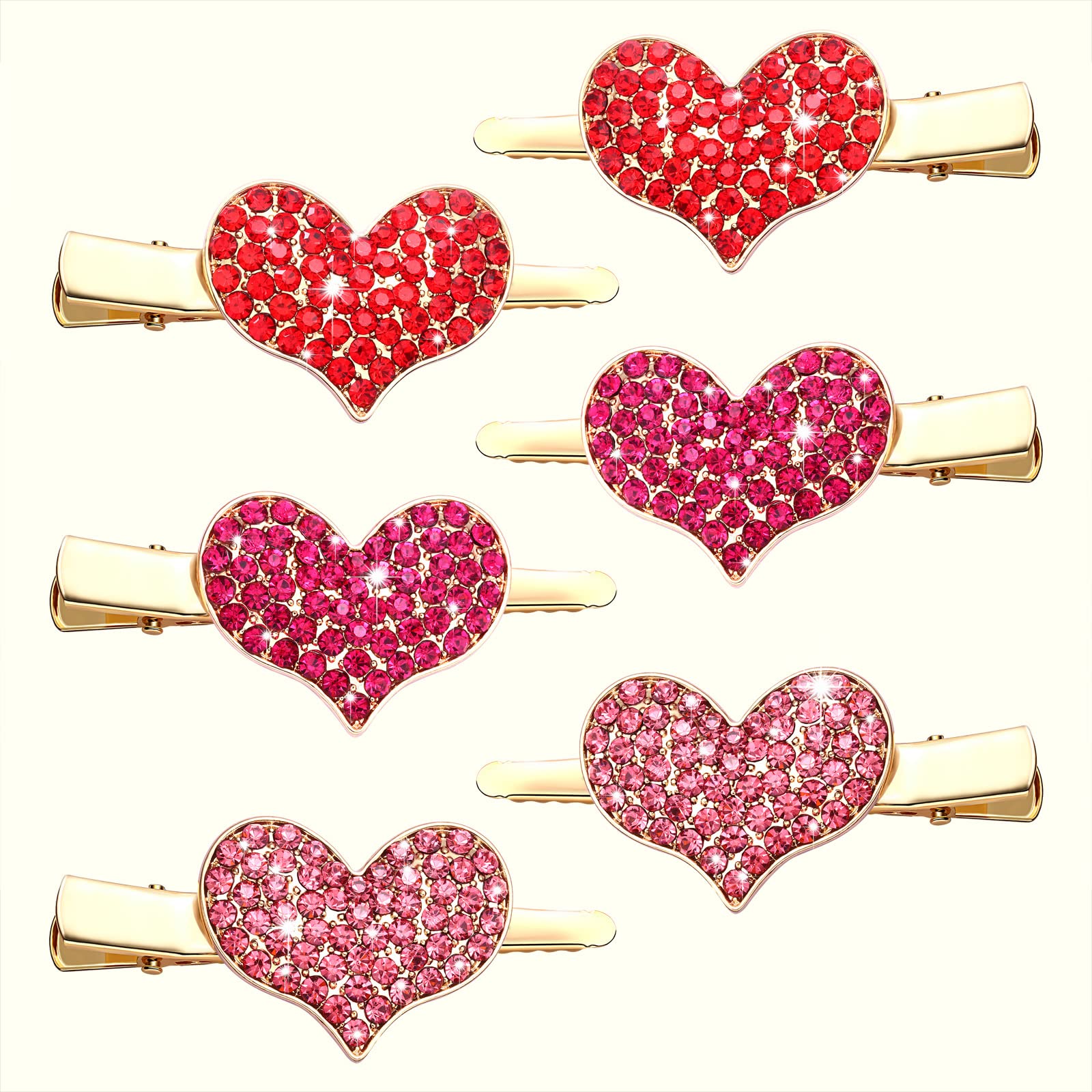 BSJELL 6 PACK Rhinestone Heart Hair Clips Valentines's Day Heart Clips Hair Barrette for Women Big Heart