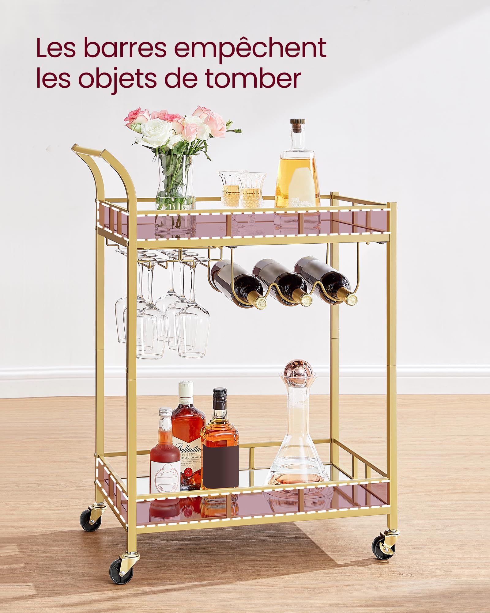 VASAGLE Desserte pour Boissons, Chariot à roulettes, Meuble de Cuisine, 2 Niveaux en Verre Réfléchissant, avec Porte-Bouteilles, Porte-Verres, pour Bar, Cuisine, Salle à Manger, Doré LRC092A62