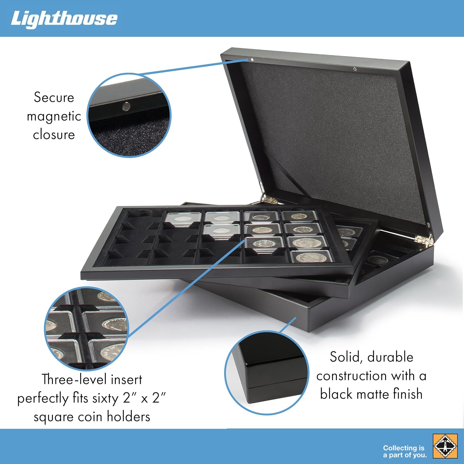 LEUCHTTURM 347919 VOLTERRA DE LUXE 동전함 - 60개 쿼드럼 캡슐 50 X 50MM 동전 프레임 - 정사각형  필드 - 검정색