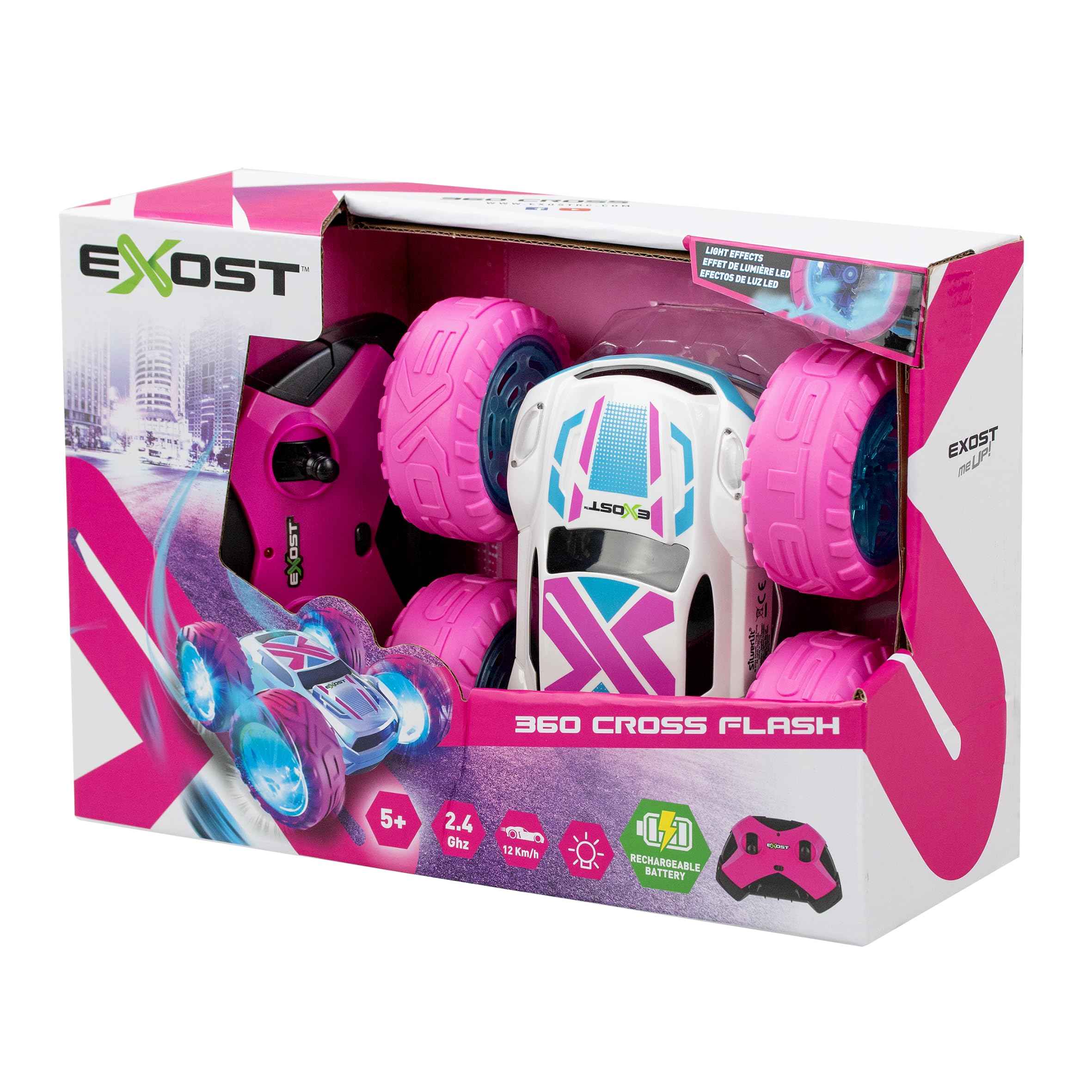 Silverlit - Exost Voiture Télécommandée Tout-Terrain 360 Cross Flash Rose - Batterie Rechargeable - Conduite sur 2 Faces à 360° + Phares LED - Dès 5 Ans